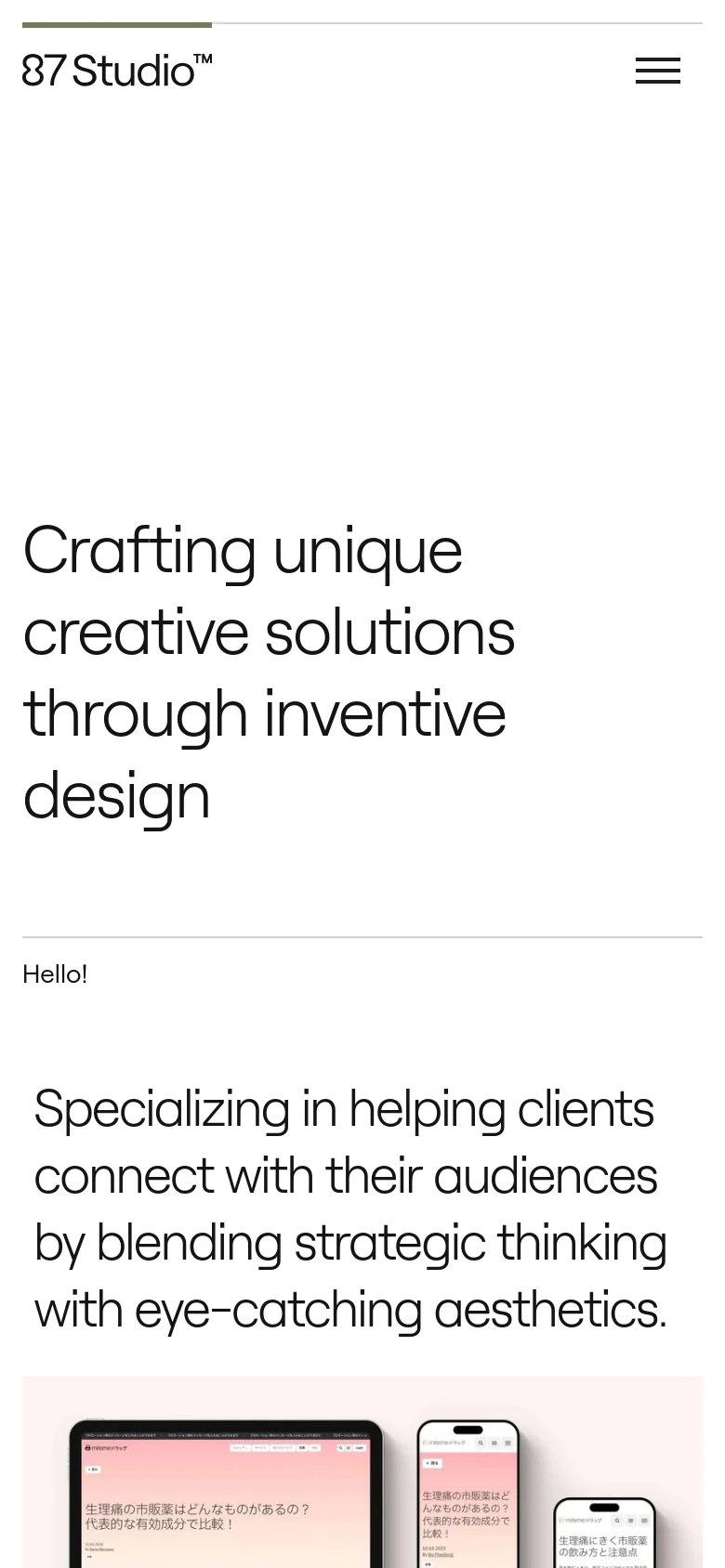 The mobile version displays a simplified layout with the 87 Studio logo on the left and a hamburger menu icon on the right. The large headline 'Crafting unique creative solutions through inventive design' is stacked vertically, followed by the introductory text and a glimpse of a colorful image slider at the bottom.