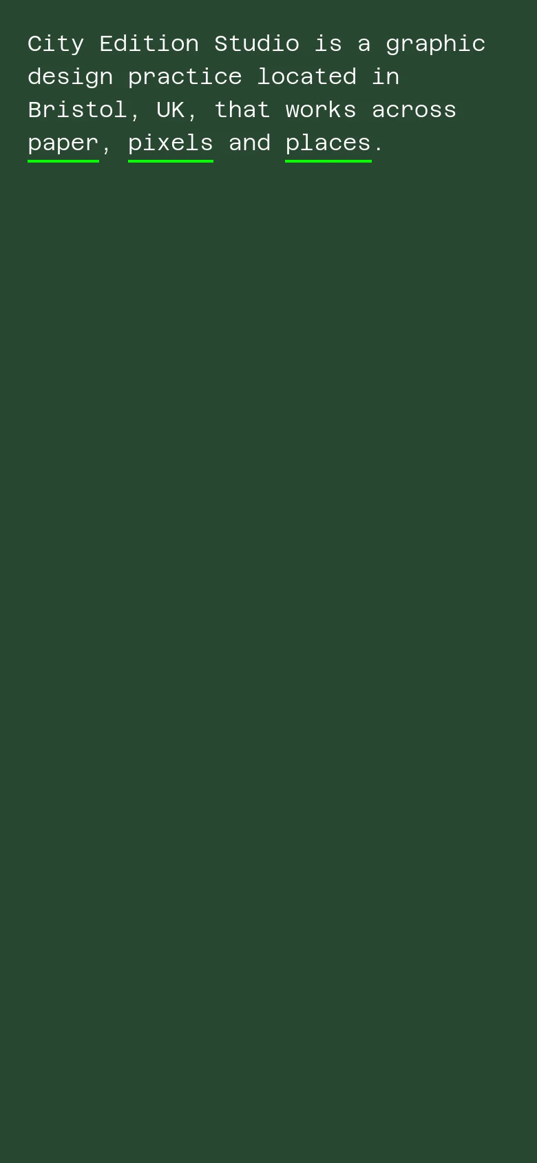 The mobile version maintains the same minimalist dark green aesthetic and light grey typography as the desktop version. The text layout is vertically stacked to fit the narrow screen, centering the description of the graphic design practice and its service links.