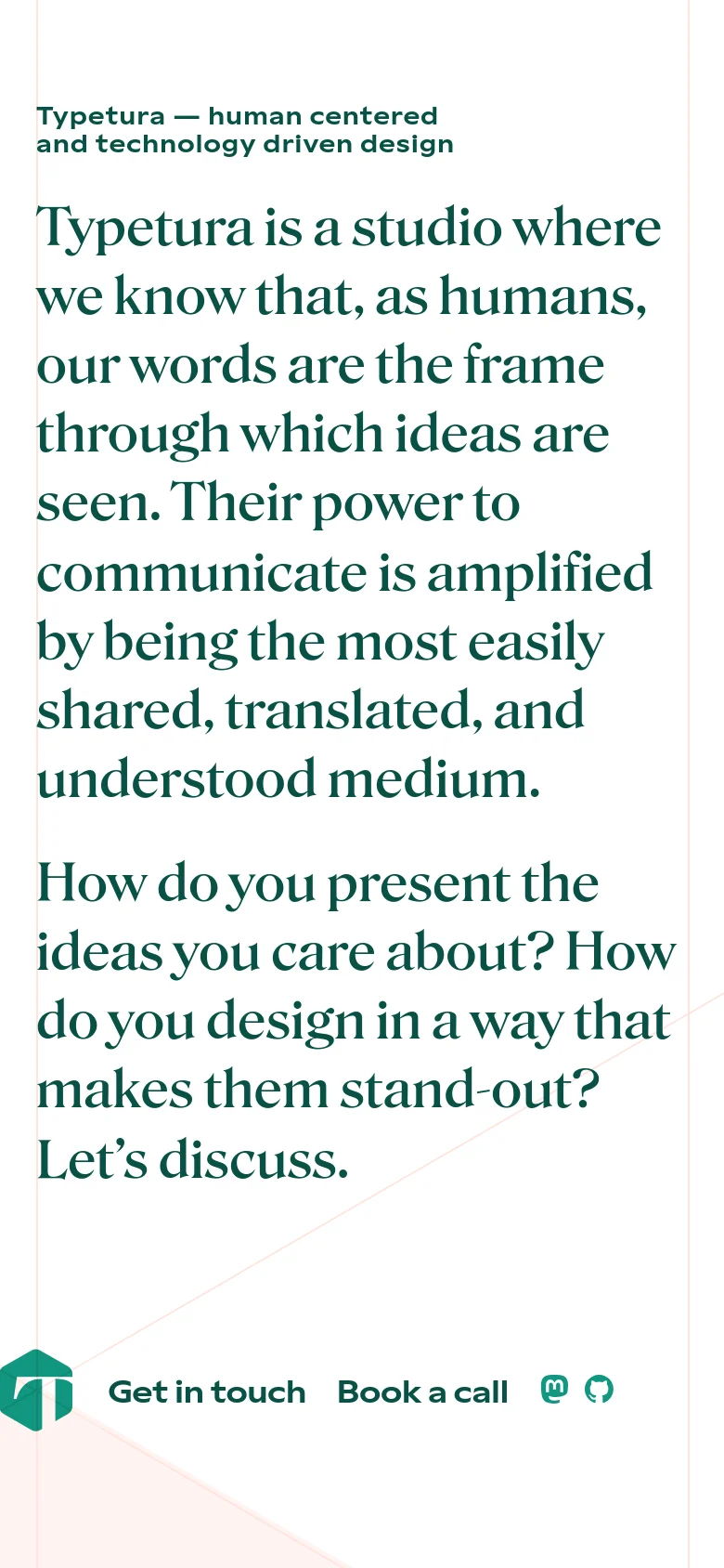 The mobile version maintains the cream and dark teal color scheme but transitions to a single-column vertical layout. The large serif headline is stacked for readability, and the navigation links and service sections are scaled down to fit the narrow screen width.