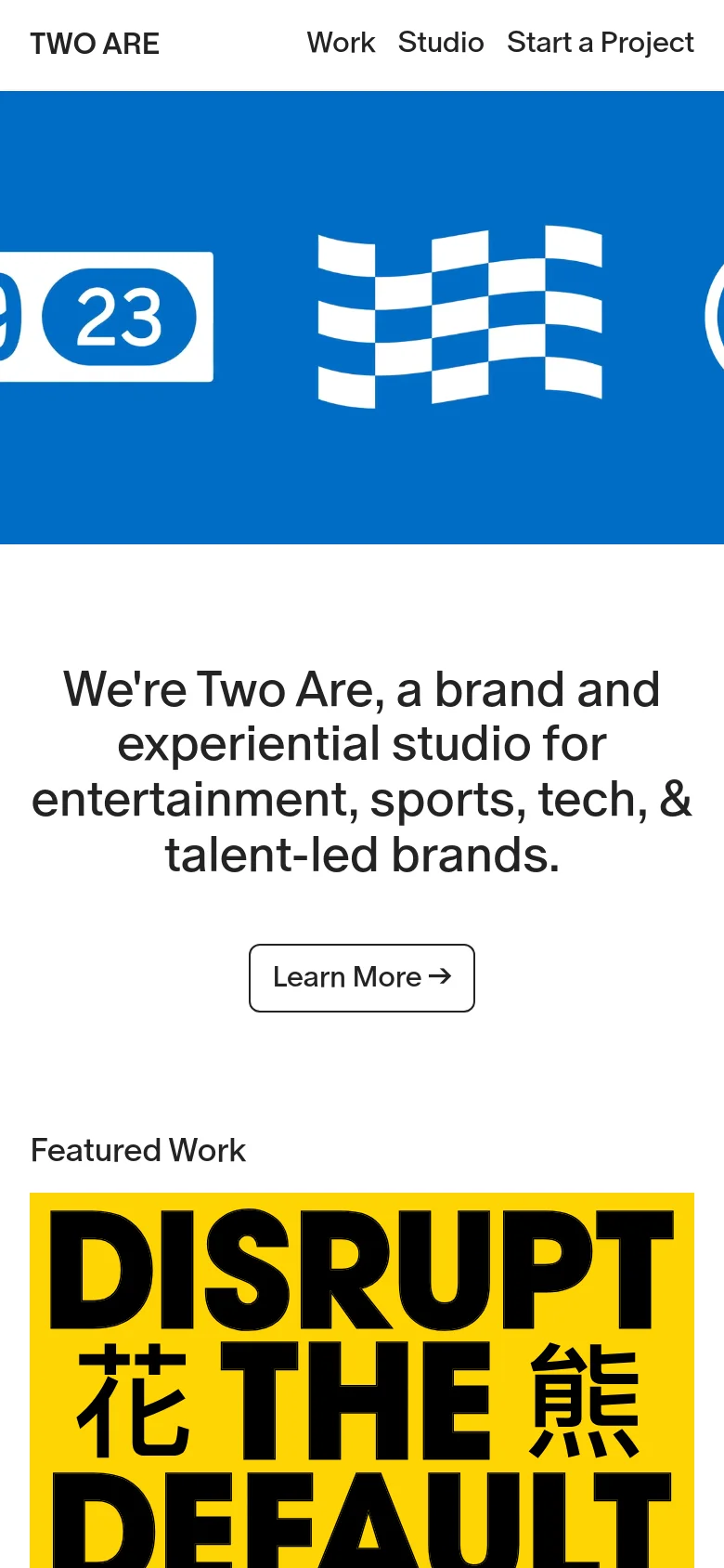 The mobile version maintains the blue hero section and white abstract graphics but scales the text and elements for a vertical orientation. The navigation menu is simplified, and the headline and 'Learn More' button are centered to fit the narrower screen width.