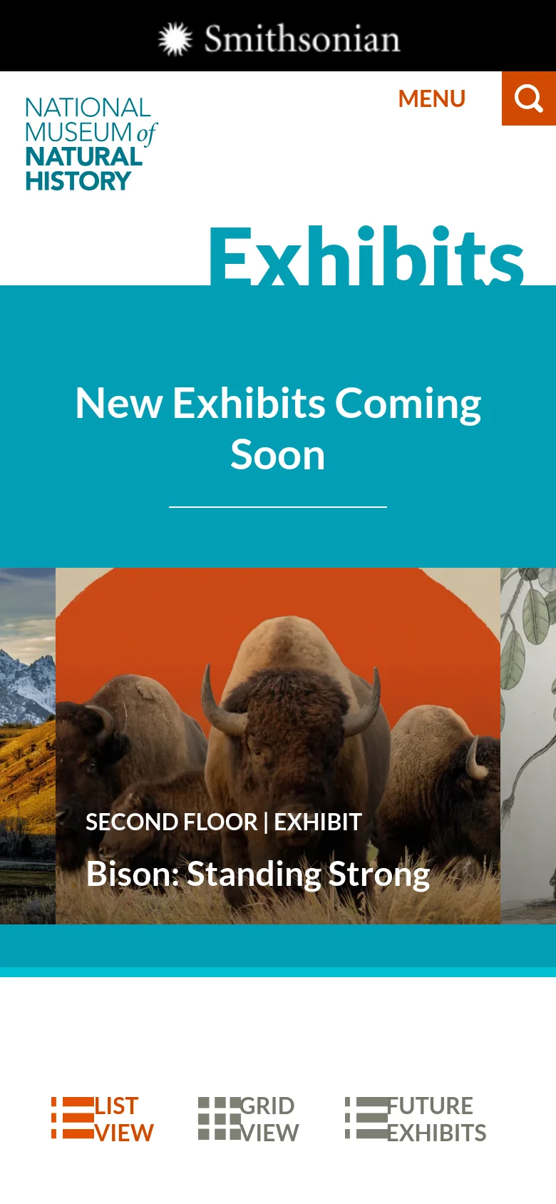 The mobile version simplifies the layout, centering the 'Exhibits' title and 'New Exhibits Coming Soon' headline against a teal background. The navigation is condensed into a 'MENU' link, and the exhibit cards appear as a single-column vertical stack, featuring large imagery like the bison exhibit followed by text labels. A bottom navigation bar allows users to toggle between list, grid, and future exhibit views.