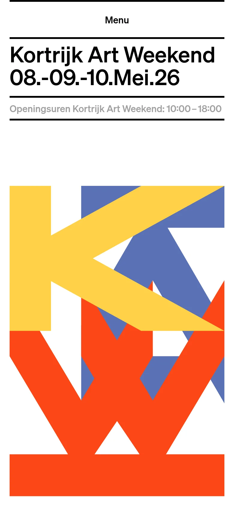 The mobile version simplifies the layout, placing the 'Kortrijk Art Weekend' title and dates prominently at the top above a condensed menu. The large 'KAW' graphic is repositioned to fill the lower half of the screen, creating a vertically stacked composition compared to the desktop view.