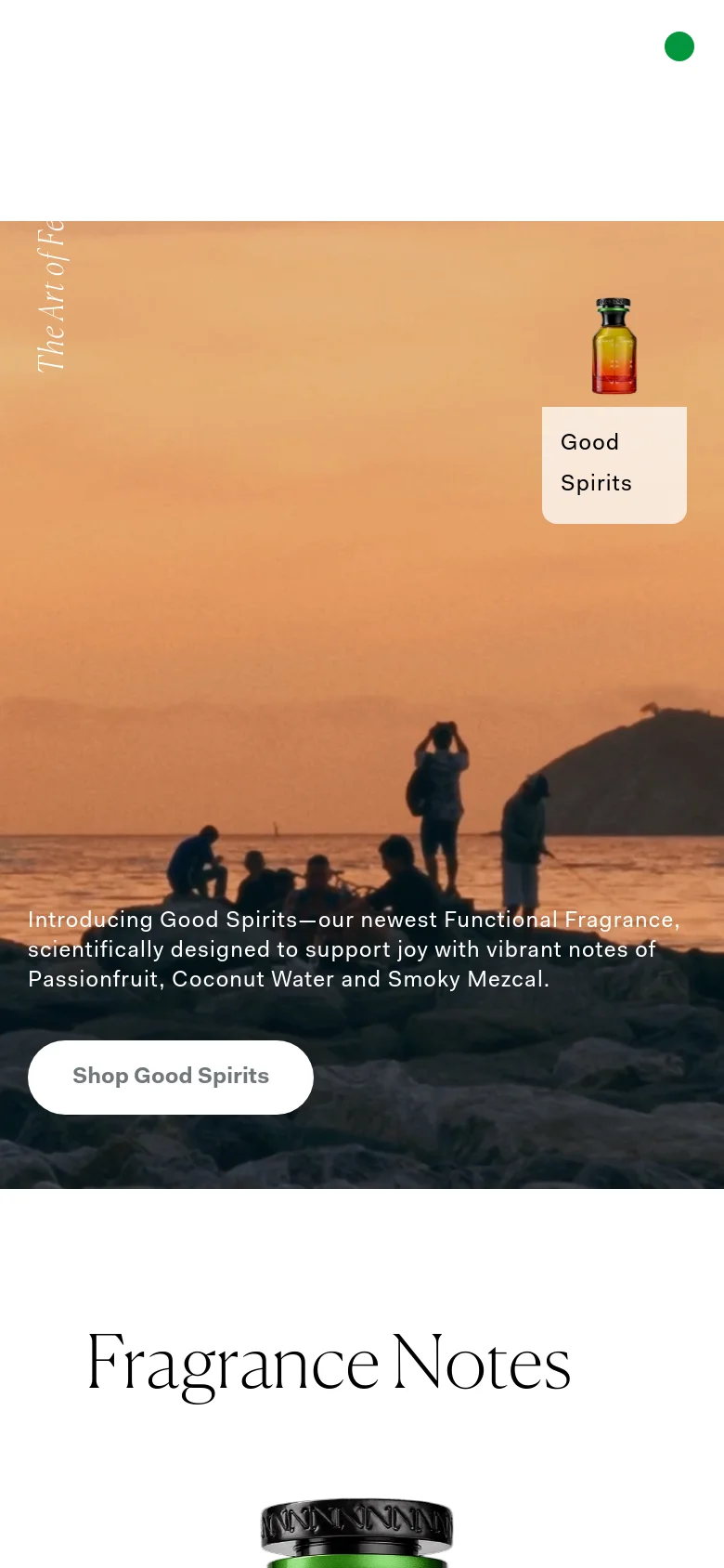 The mobile version presents a vertically stacked layout, starting with a full-width hero image of a sunset beach scene with people silhouetted in the distance. The 'Good Spirits' product image and description are overlaid on the image, followed by a large 'Fragrance Notes' heading. The navigation and content are condensed for a narrow screen, maintaining the warm orange and tan color scheme.