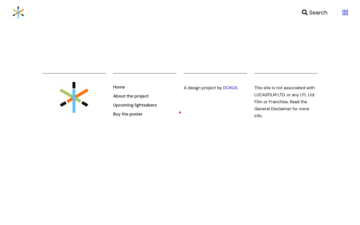 The Lightsaber Archive homepage features a minimalist white layout with a colorful starburst logo in the top left. A navigation menu of text links sits below a main header, followed by a grid of lightsaber images with descriptive titles and color tags. The desktop view displays a wide, spacious arrangement with a search icon and menu grid in the top right.