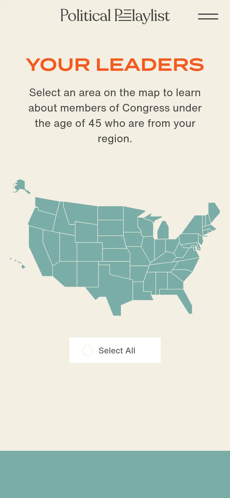 The mobile version maintains the cream background and orange 'YOUR LEADERS' headline but shifts to a vertical layout. The text instructions are centered above a teal US map, which is scaled to fit the narrower screen width, with the 'Select All' button centered below it.