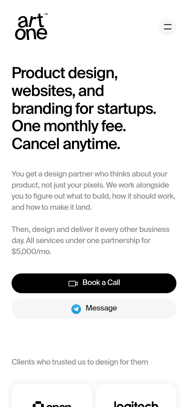 The mobile version uses a centered layout with a hamburger menu icon at the top right. The headline and text are stacked vertically, followed by full-width 'Book a Call' and 'Message' buttons, and a horizontal scrolling or stacked list of client logos.