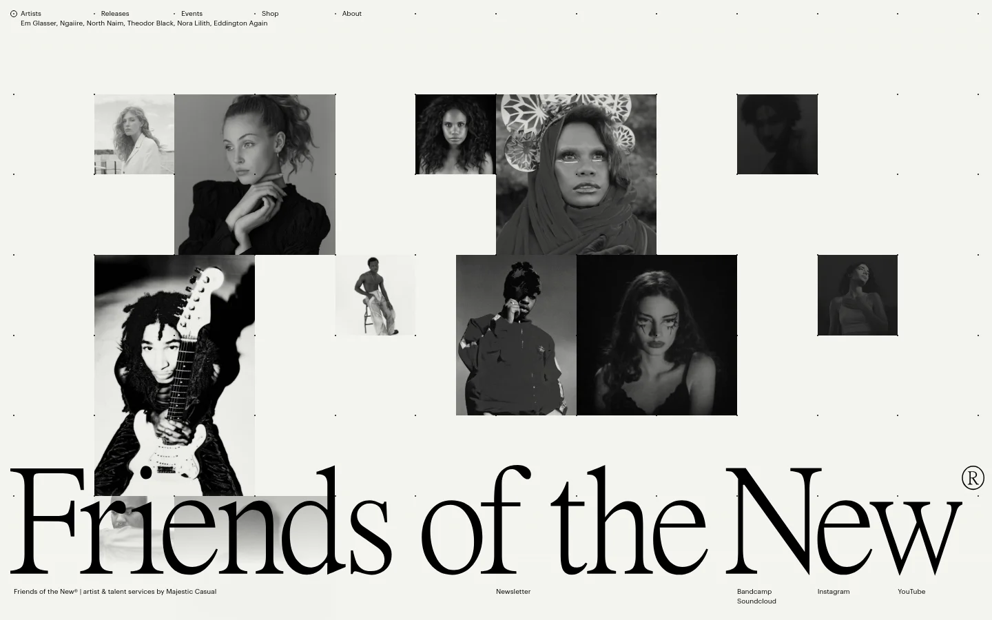 The desktop homepage features a minimalist white background with a large, black serif headline reading 'Friends of the New' at the bottom. A collage of black and white artist portraits is arranged in a staggered grid across the center, with a simple text-based navigation menu at the top. The layout is spacious and artistic, emphasizing high-contrast photography.