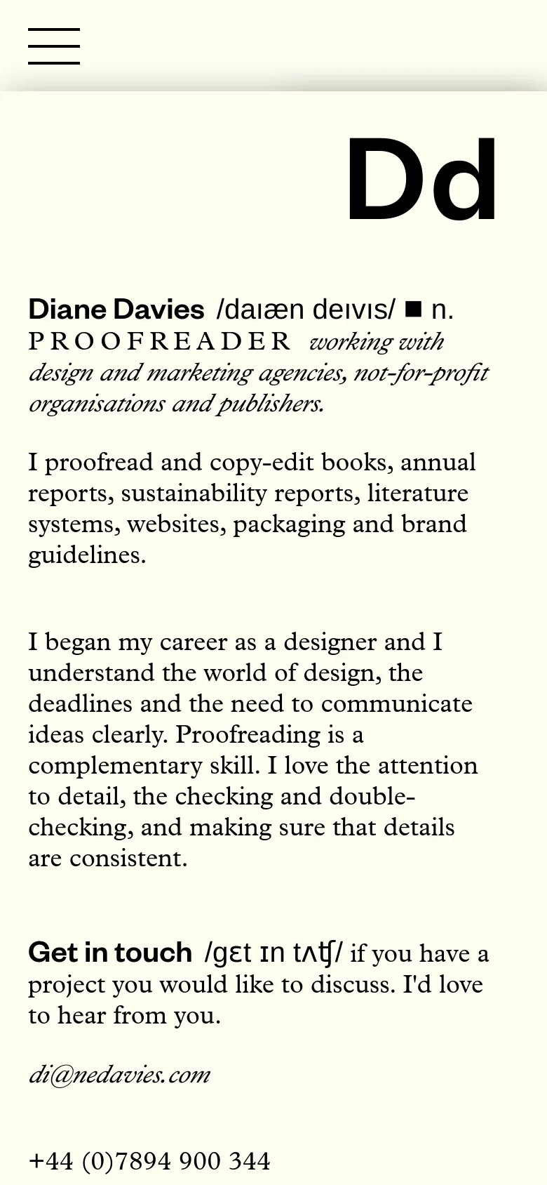The mobile version maintains the minimalist cream and black aesthetic but uses a simplified layout. The navigation is condensed into a hamburger menu icon at the top left, and the text is stacked vertically for easier reading on a smaller screen.