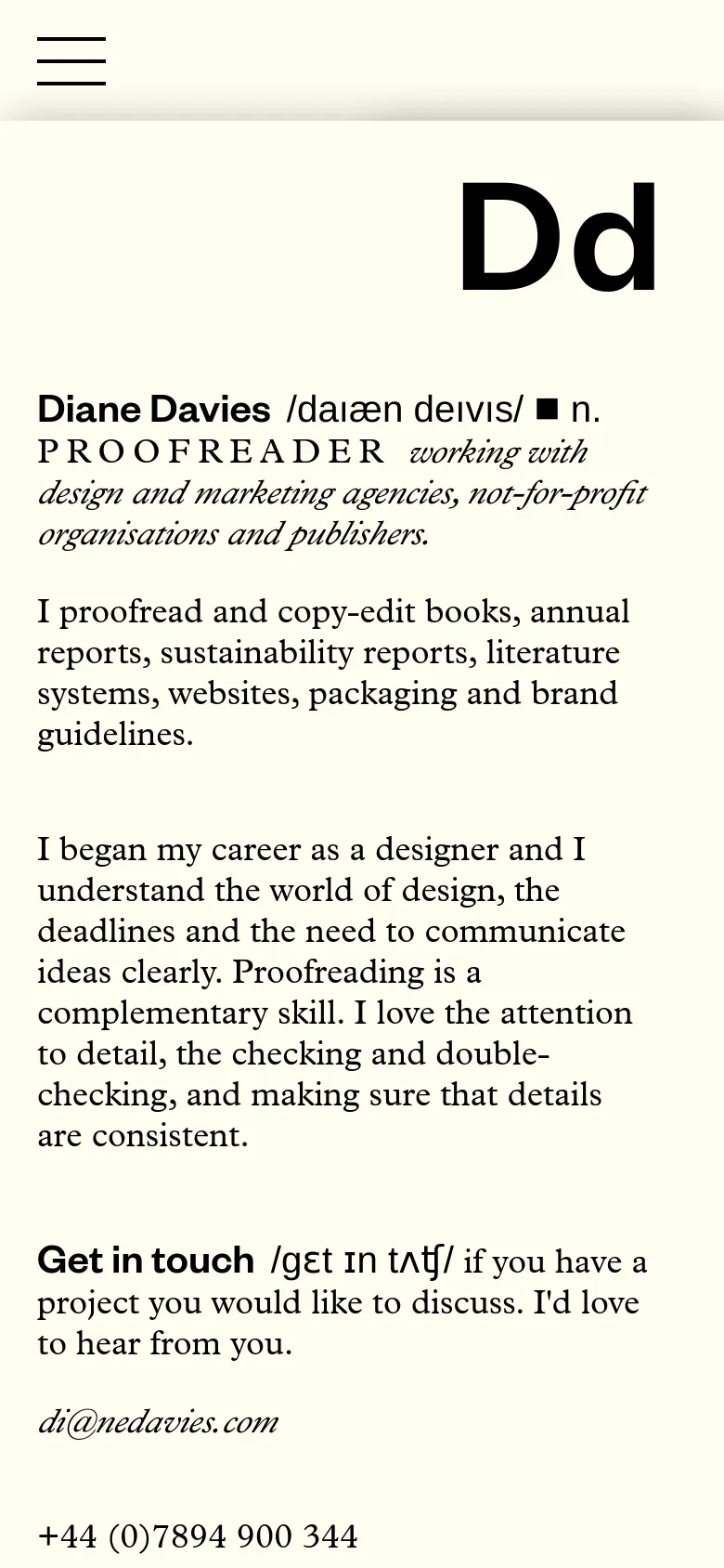 The mobile version maintains the minimalist cream and black aesthetic but uses a simplified layout. The navigation is condensed into a hamburger menu icon at the top left, and the text is stacked vertically for easier reading on a smaller screen.