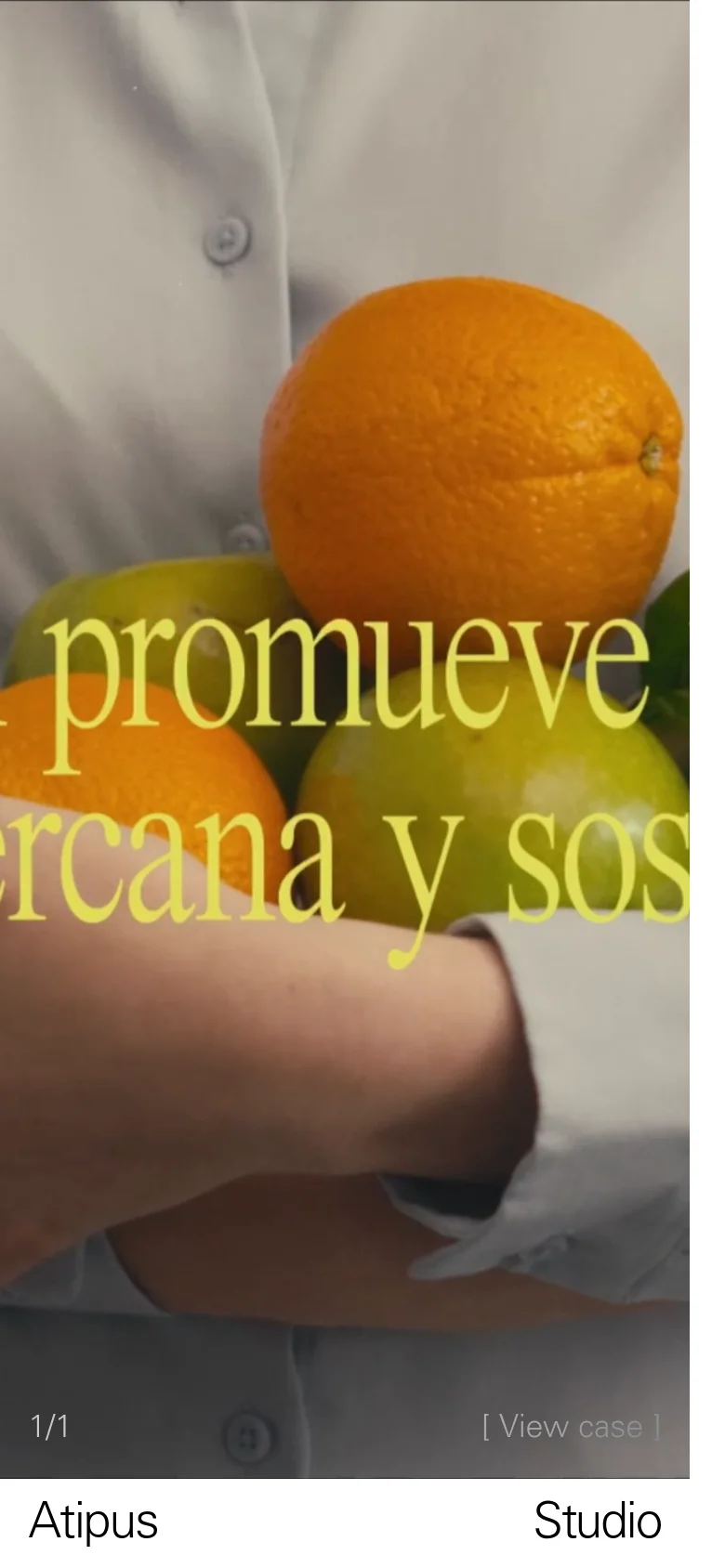 The mobile version maintains the minimalist aesthetic but uses a vertical, single-column layout optimized for scrolling. The hero image of fresh produce is cropped more tightly to focus on the central subject, and the text overlays are scaled to fit the narrower screen width.