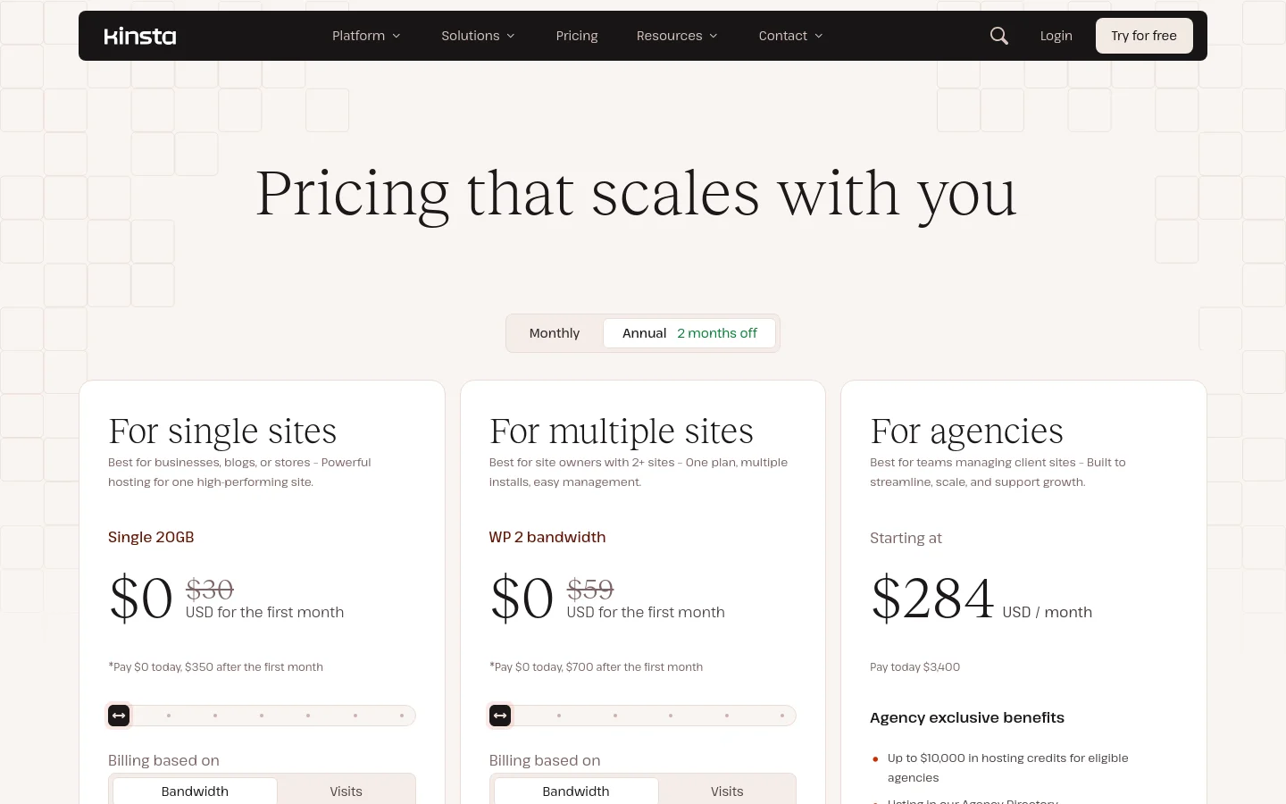 The desktop pricing page features a clean, minimalist design with a white and light gray background. A large headline reads 'Pricing that scales with you' above a toggle switch for Monthly or Annual billing. Below, three distinct pricing cards for 'single sites', 'multiple sites', and 'agencies' are arranged horizontally, each detailing specific features, costs, and call-to-action buttons.