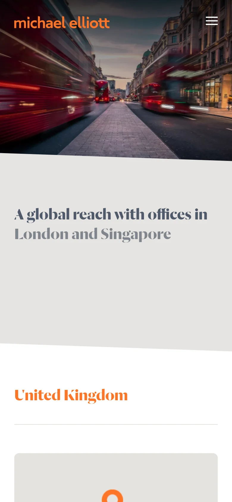 The mobile version presents a vertically stacked layout, starting with a full-width hero image of a London street and the primary headline. The 'United Kingdom' heading and address follow below, with the interactive map positioned at the bottom of the screen.
