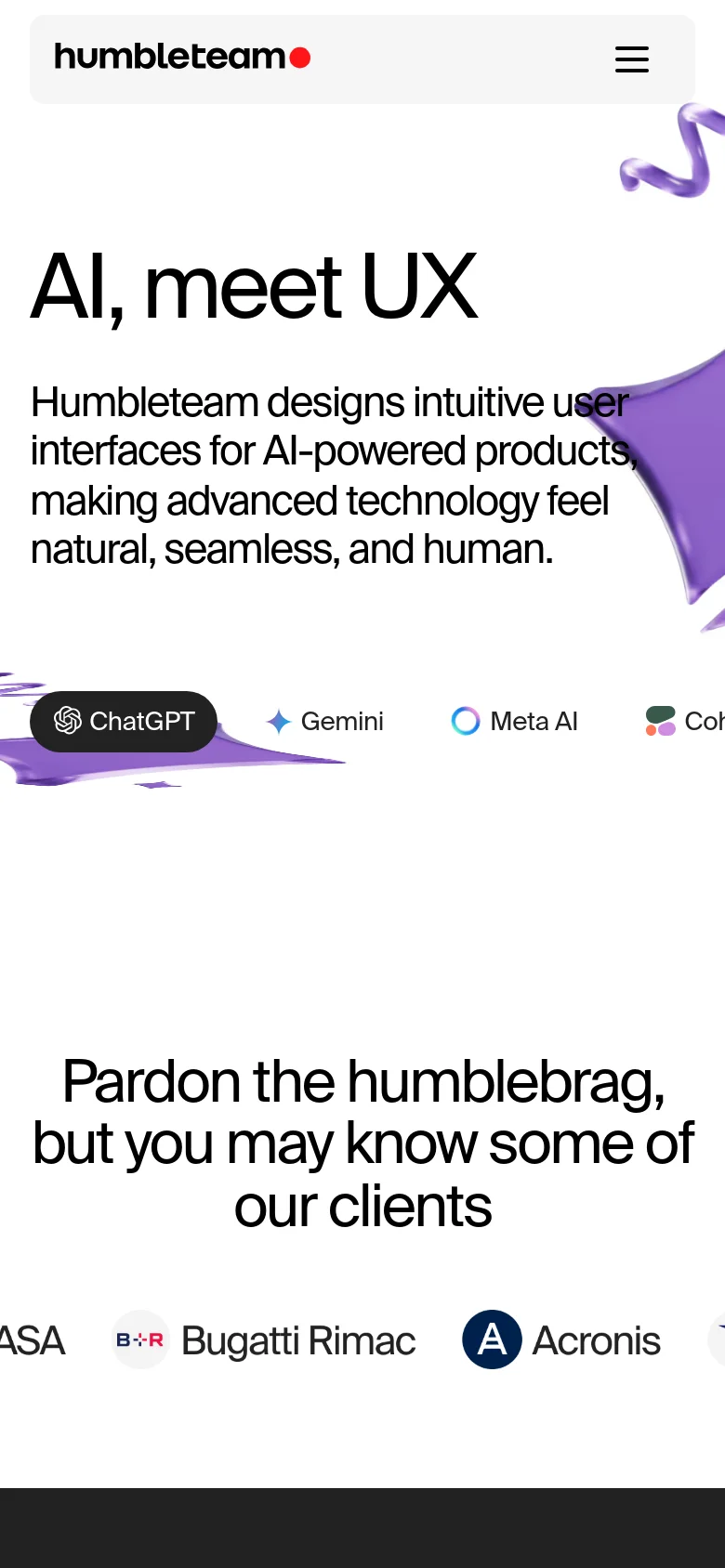 Mobile version of the page showing a simplified layout with a hamburger menu icon next to the Humbleteam logo. The hero text 'AI, meet UX' is centered above the description, and the AI platform logos are arranged in a horizontal scrolling row below the main heading.