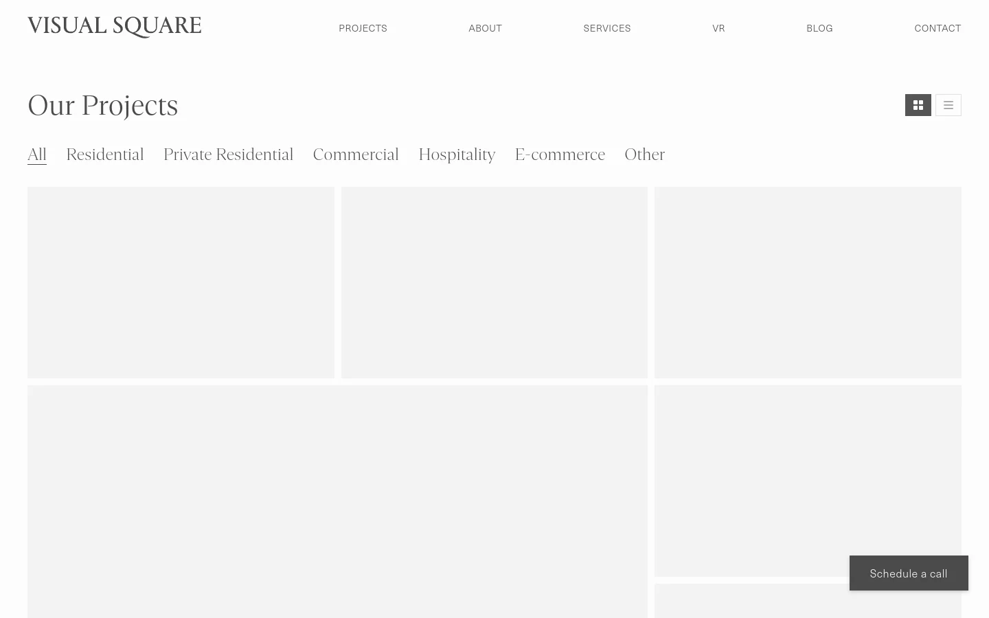 The desktop version of the 'Our Projects' page features a clean, minimalist white layout with a top navigation bar and a large serif headline. Below the headline, a horizontal filter menu allows users to sort projects by category, followed by a grid of large project image placeholders. A 'Schedule a call' button is anchored in the bottom right corner.