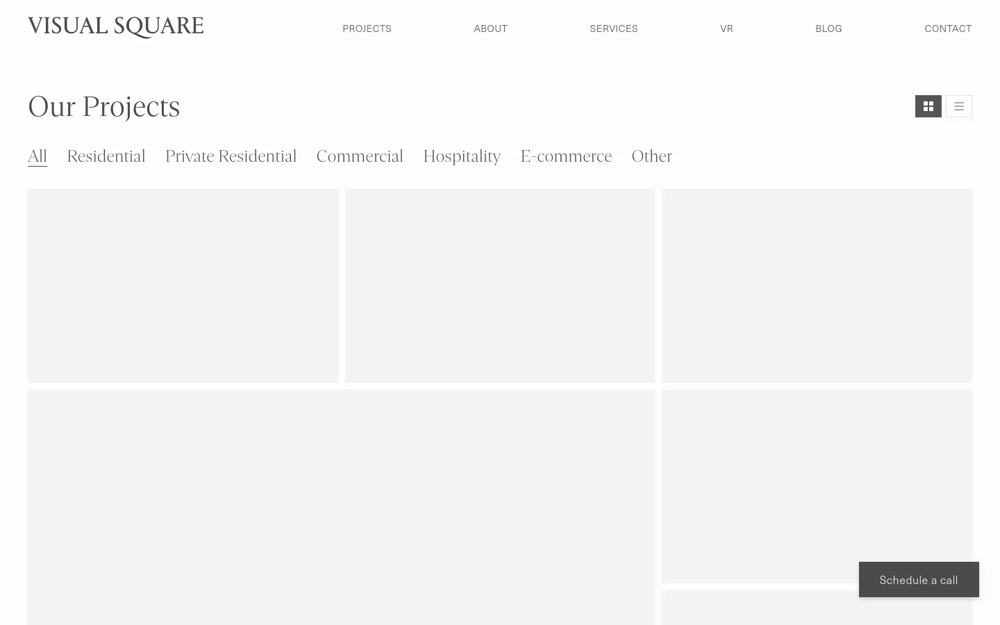 The desktop version of the 'Our Projects' page features a clean, minimalist white layout with a top navigation bar and a large serif headline. Below the headline, a horizontal filter menu allows users to sort projects by category, followed by a grid of large project image placeholders. A 'Schedule a call' button is anchored in the bottom right corner.