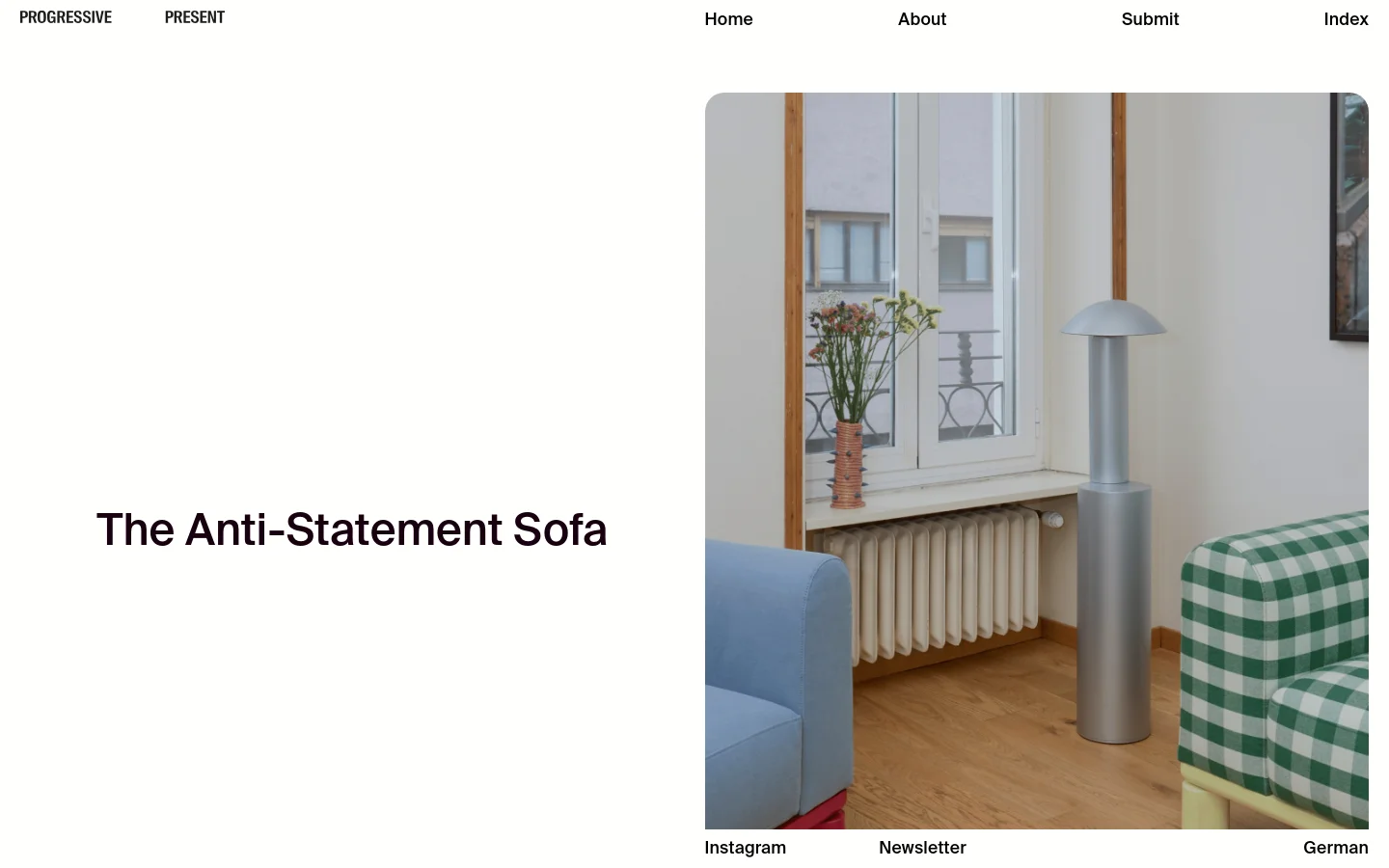 Desktop view of a minimalist article page with a white background. The headline 'The Anti-Statement Sofa' is positioned on the left, while a large vertical photograph of a modern interior featuring a blue sofa, a green checkered sofa, and a silver floor lamp sits on the right. A navigation menu with links for Home, About, Submit, and Index is located at the top.