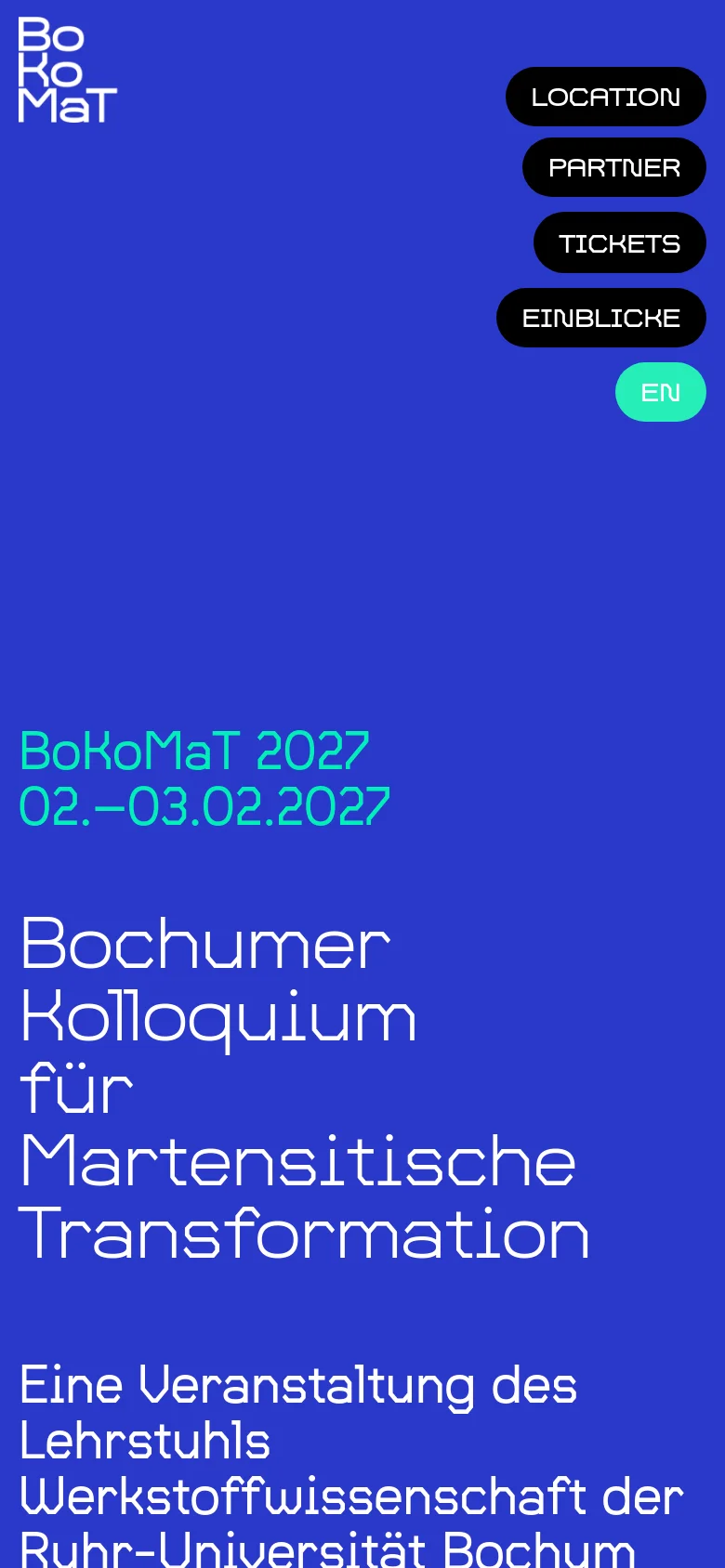 The mobile version uses the same blue background and white typography but rearranges the layout for a vertical orientation. The navigation buttons are stacked vertically on the right side, and the geometric lattice graphic is removed to prioritize the large headline and event details.