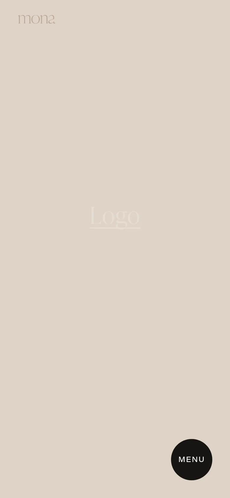 The mobile version maintains the minimalist beige aesthetic and white serif text but uses a more vertical layout. The service list is condensed, and the black circular 'MENU' button is positioned at the bottom right for easier thumb access.