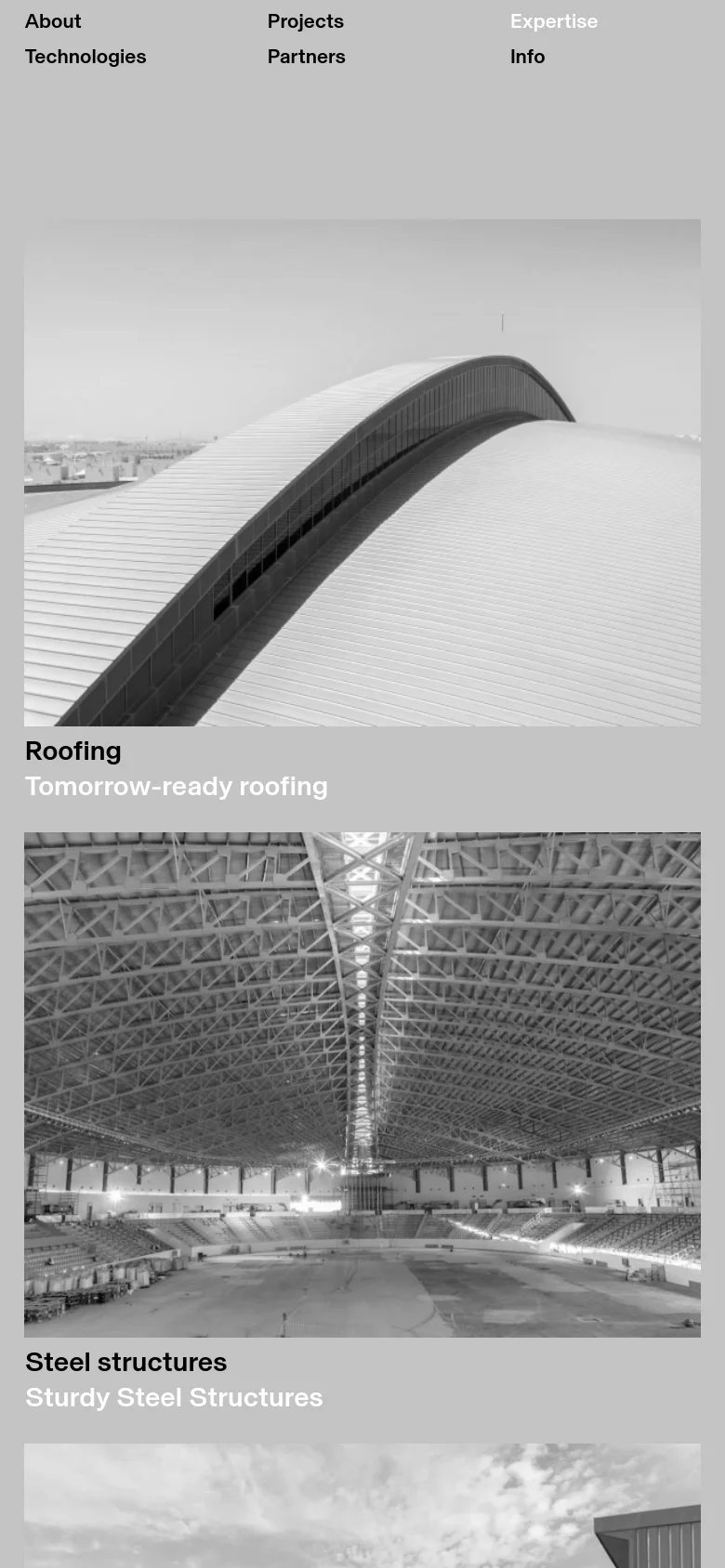 The mobile version presents a simplified vertical layout with a single-column stack of large black and white images. Each image is followed by its corresponding service title and description, such as Roofing and Steel structures, optimized for vertical scrolling on a smaller screen.