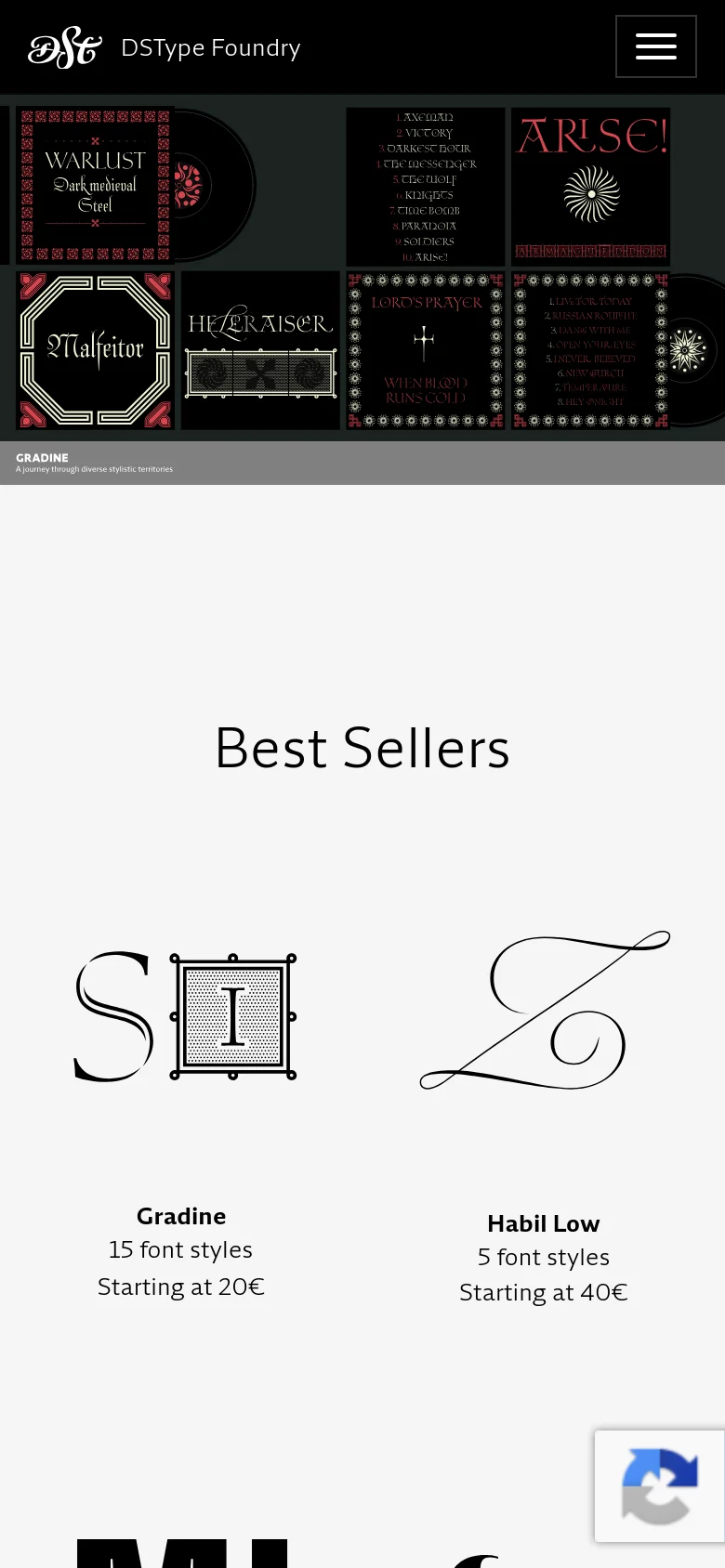 The mobile version maintains the dark, minimalist aesthetic but uses a condensed vertical layout. The hero typography is scaled down, and the navigation is tucked into a hamburger menu icon in the top right corner. The 'Best Sellers' font grid transitions from a multi-column layout to a single-column stack for easier scrolling.