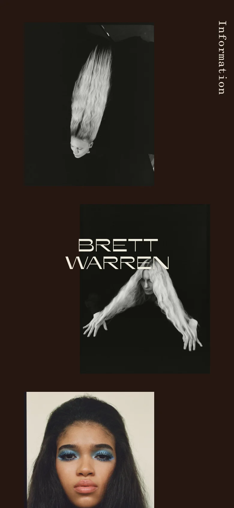 The mobile version maintains the dark burgundy background and minimalist aesthetic but scales the content vertically. The hero image and large 'BRETT WARREN' text are stacked, followed by a series of large, full-width photographic portraits showcasing various fashion and editorial shots.