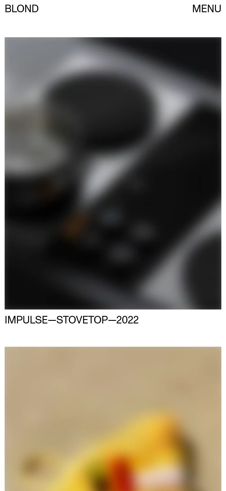 The mobile version presents a simplified vertical layout with a condensed top navigation and a prominent 'MENU' button. The product showcase transitions into a single-column stack of large, full-width images and text, maintaining the clean aesthetic and high-contrast typography of the desktop site.