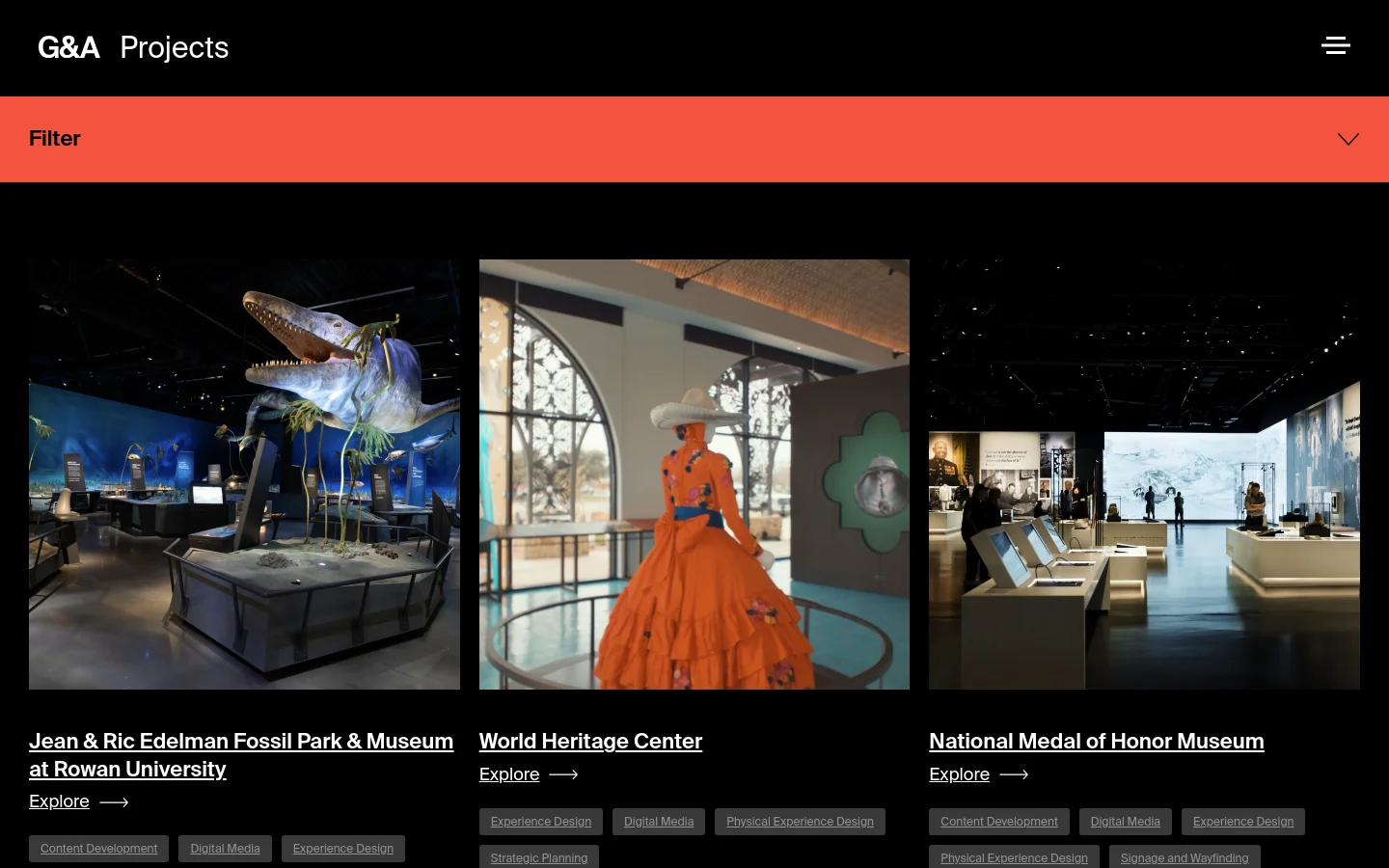 The desktop Projects page features a dark theme with a prominent orange filter bar at the top. A grid layout displays large project images, including a museum exhibit with a dinosaur skeleton, followed by project titles and 'Explore' links. Below each project, service tags like 'Digital Media' and 'Experience Design' are listed in gray boxes.