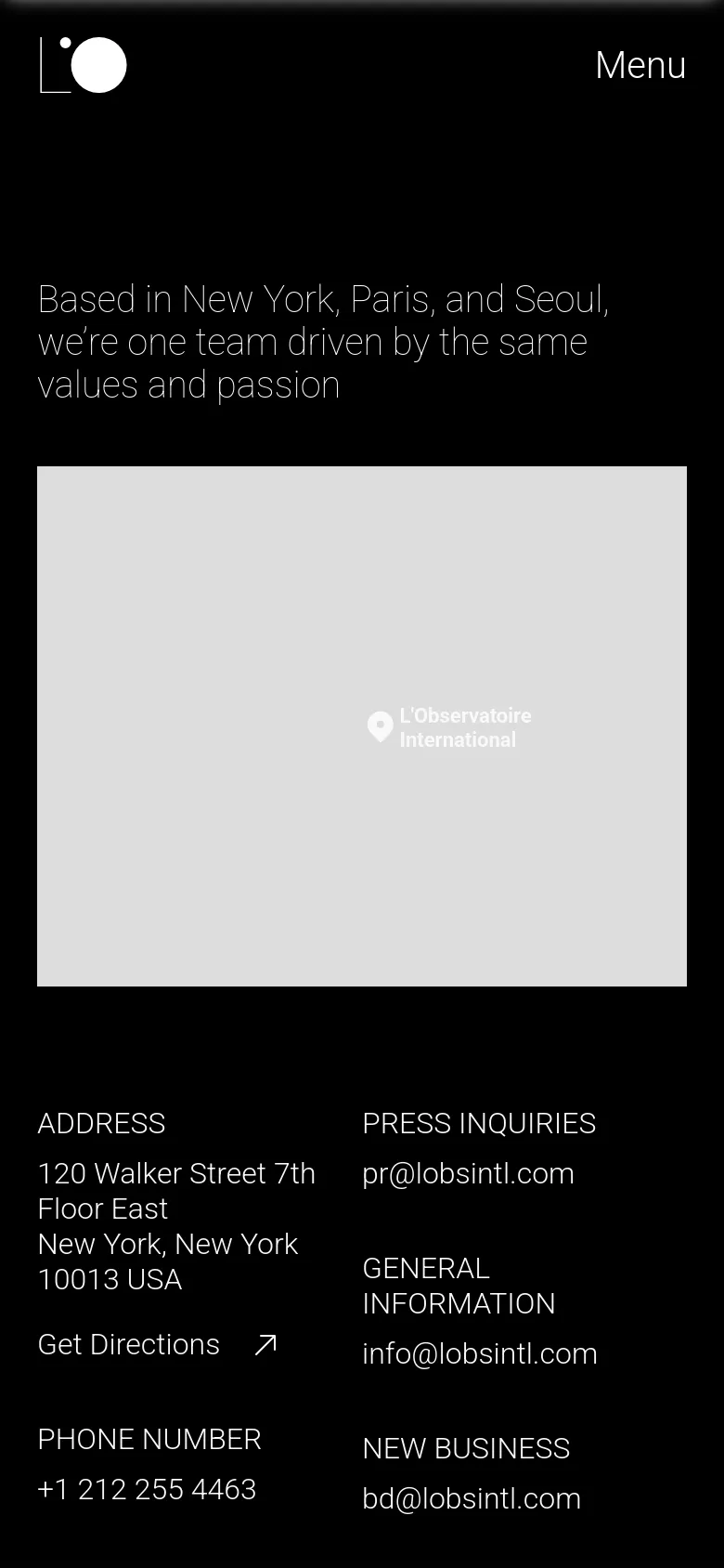 The mobile version uses a vertical layout on a black background. The headline and contact information are stacked at the top, followed by a large, full-width Google Map showing the office location.