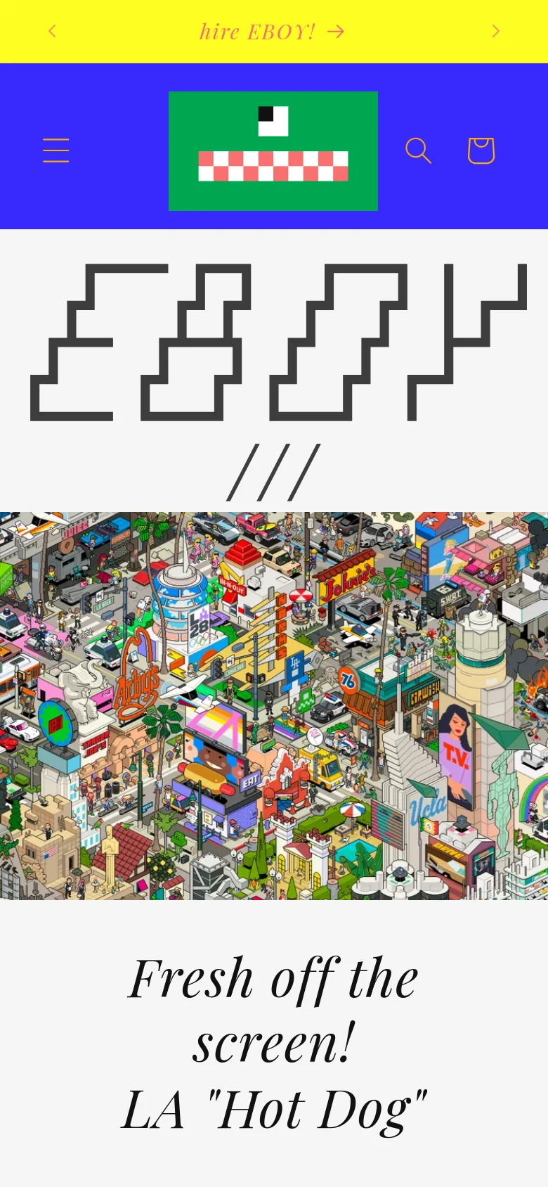 The mobile version uses a blue header with a hamburger menu, the eBoy logo, and search and cart icons. The layout shifts to a single-column view, starting with the large pixel art logo and a full-width cityscape hero image, followed by vertically stacked product category sections.