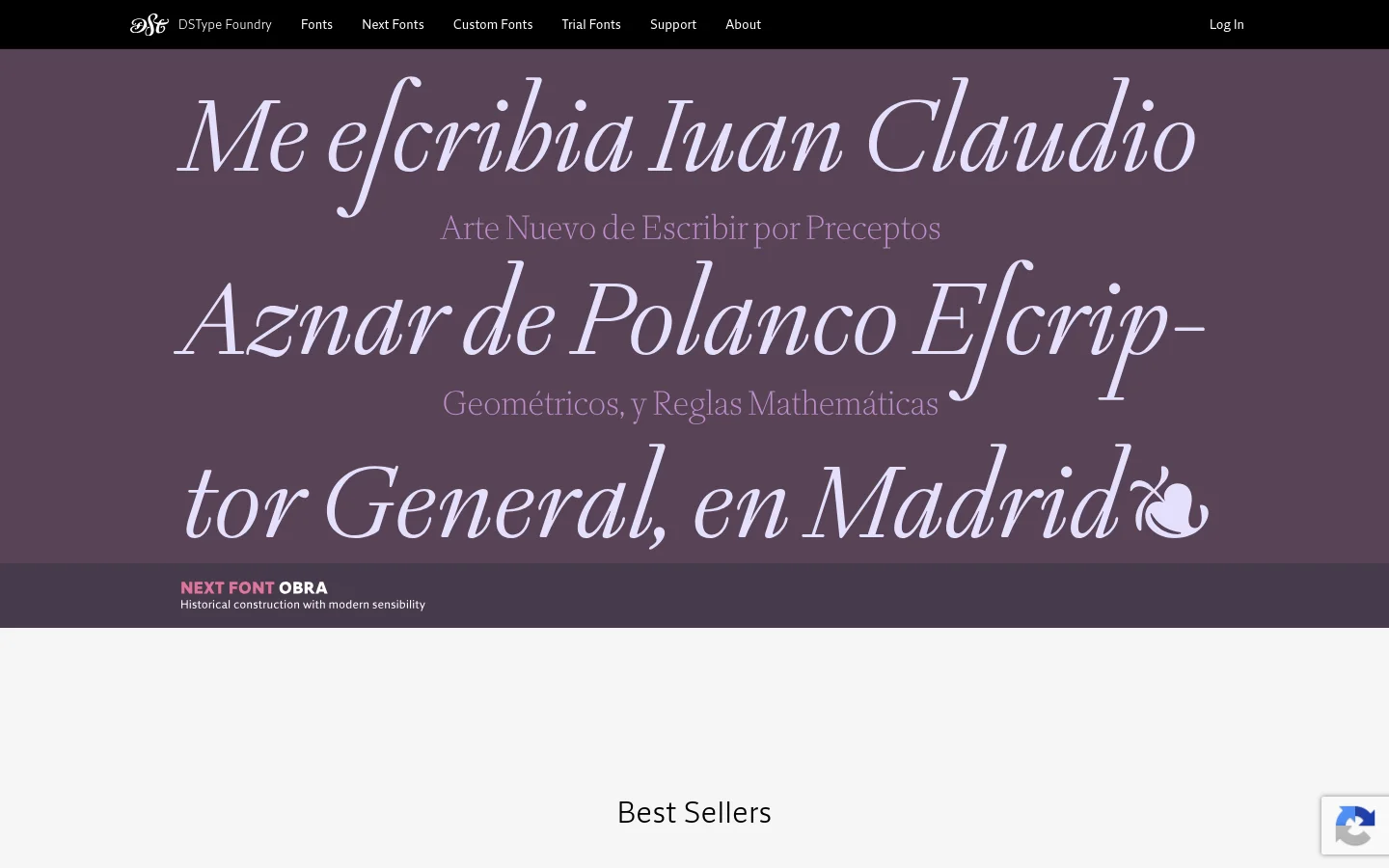 The DSType Foundry homepage features a dark, minimalist design with a large hero section displaying stylized typography on a deep purple background. Below the hero, a 'Best Sellers' section showcases font previews in a grid layout against a light gray background. The navigation bar at the top includes links for Fonts, Next Fonts, Custom Fonts, Trial Fonts, Support, and About.