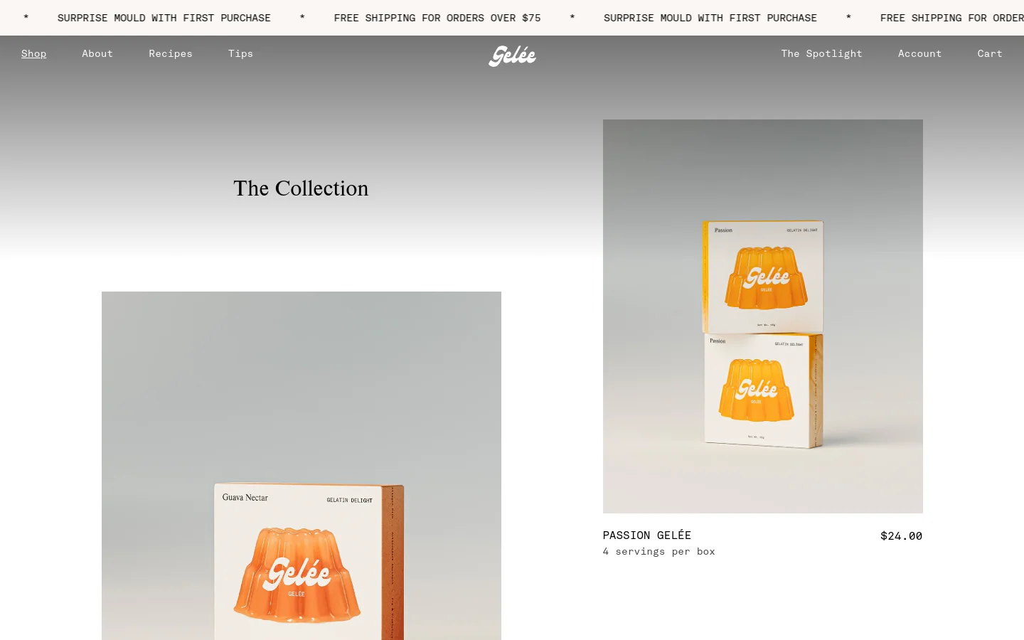 The desktop collection page features a minimalist design with a light gray gradient background and a centered 'The Collection' headline. A grid of product cards displays colorful jelly box imagery, product names like 'Passion Gelée', prices, and 'Add to Cart' buttons. The navigation bar at the top includes links for Shop, About, Recipes, and Tips alongside the Gelée logo.