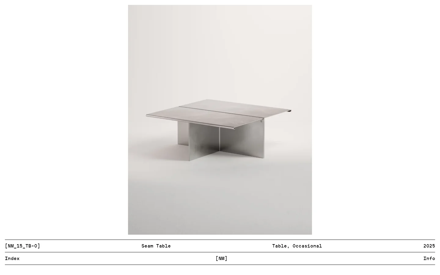 A minimalist product page for the Seam Table, featuring a large hero image of a silver aluminum table against a light grey background. The layout includes the product name, category, year, and material specifications in a clean sans-serif font, followed by a detailed description of the aluminum construction. The design uses a monochromatic palette with a simple horizontal navigation bar at the bottom.