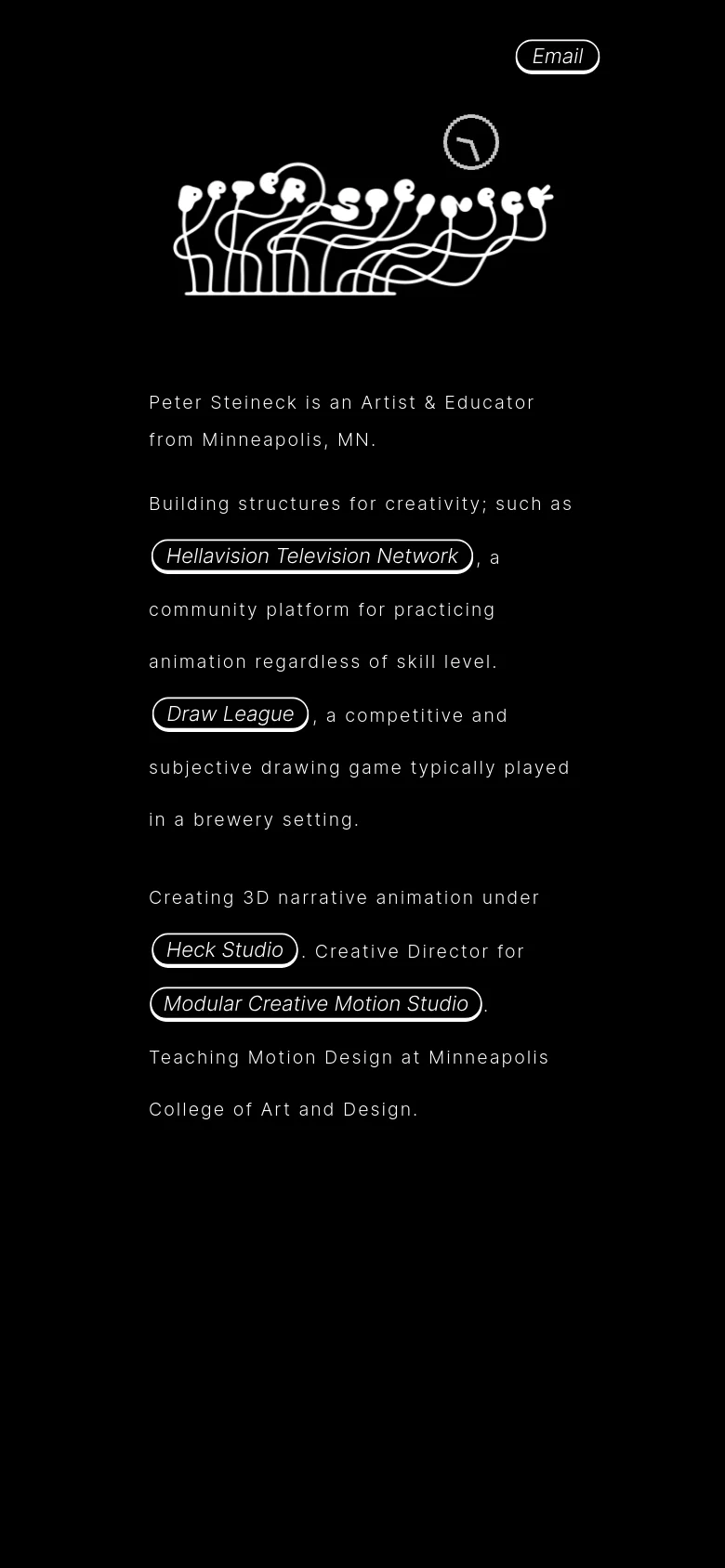 The mobile version features a vertical layout on a black background. The white line art illustration is centered at the top, followed by the 'Email' button and then the biographical text. The text is center-aligned and flows in a single column, making it easier to read on a narrow screen.