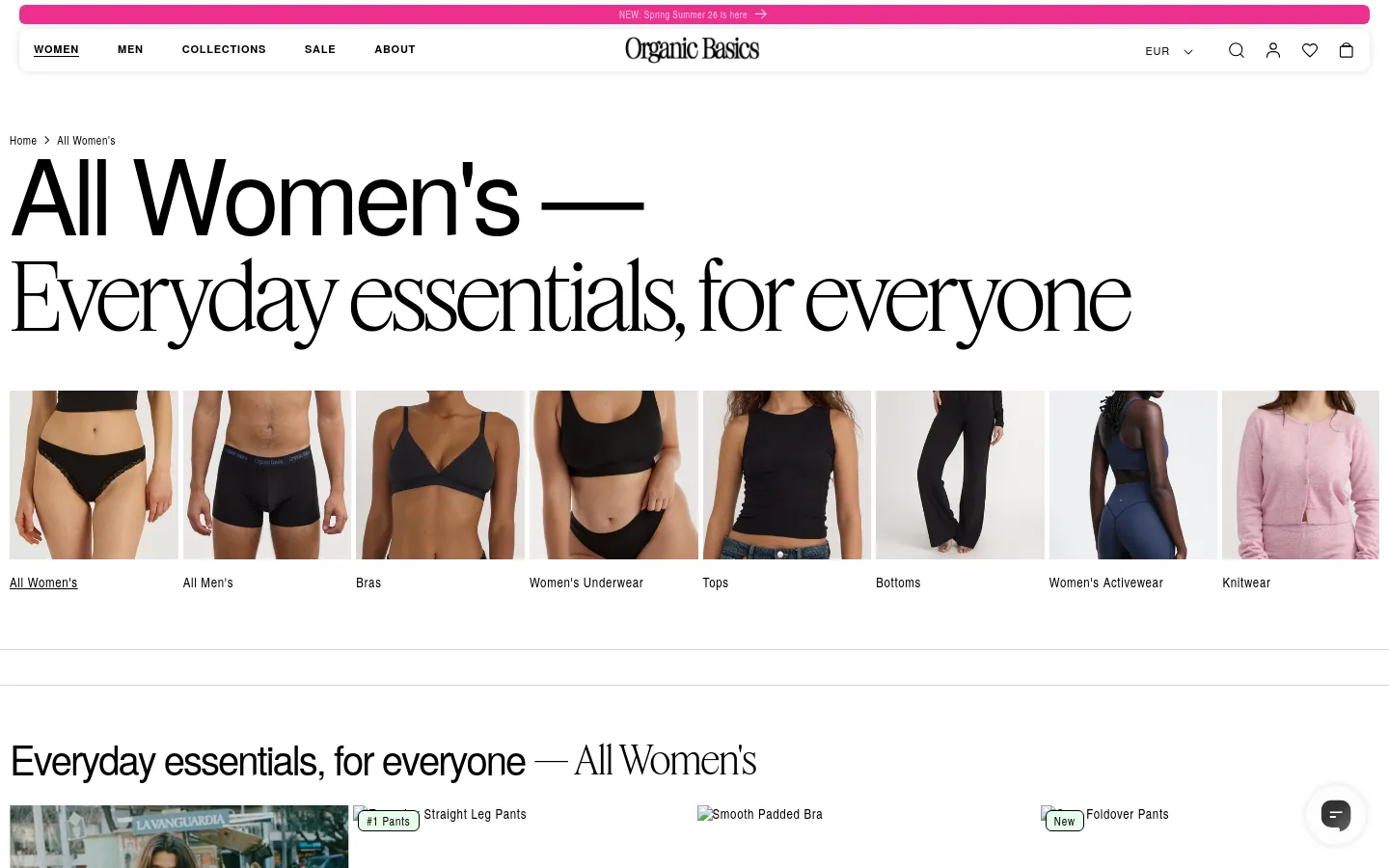 The desktop page features a minimalist white background with a large serif headline reading 'All Women's — Everyday essentials, for everyone'. Below the headline is a horizontal grid of lifestyle images showcasing various clothing categories like underwear, bras, and tops, each with a text label underneath. A navigation bar at the top includes the Organic Basics logo, menu links, and user icons.