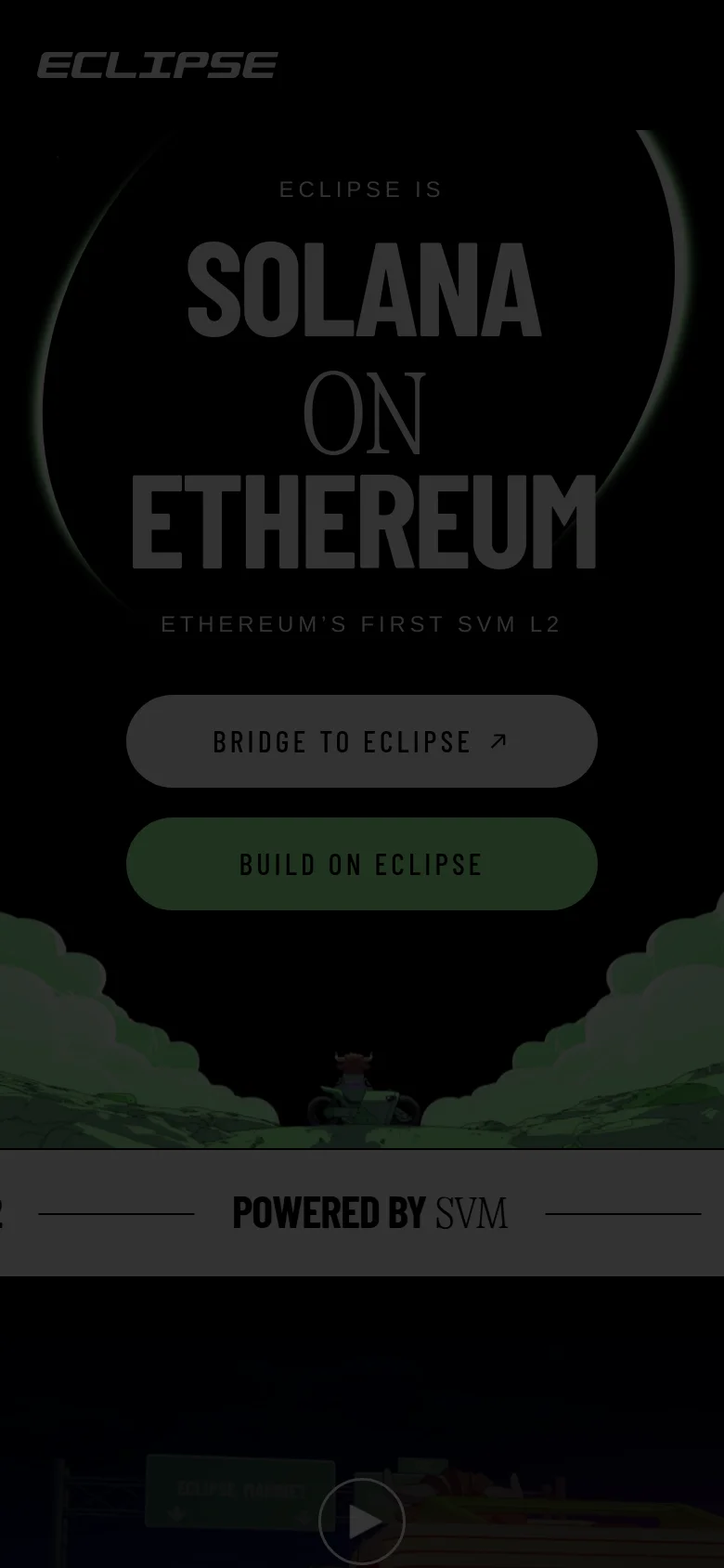 The mobile version presents a vertically stacked layout with the large 'ECLIPSE IS SOLANA ON ETHEREUM' headline dominating the upper screen. The background maintains the dark aesthetic with green cloud elements, and the primary action buttons, 'Bridge to Eclipse' and 'Build on Eclipse', are centered and scaled for touch interaction. The navigation is simplified, focusing on the core branding and central messaging.