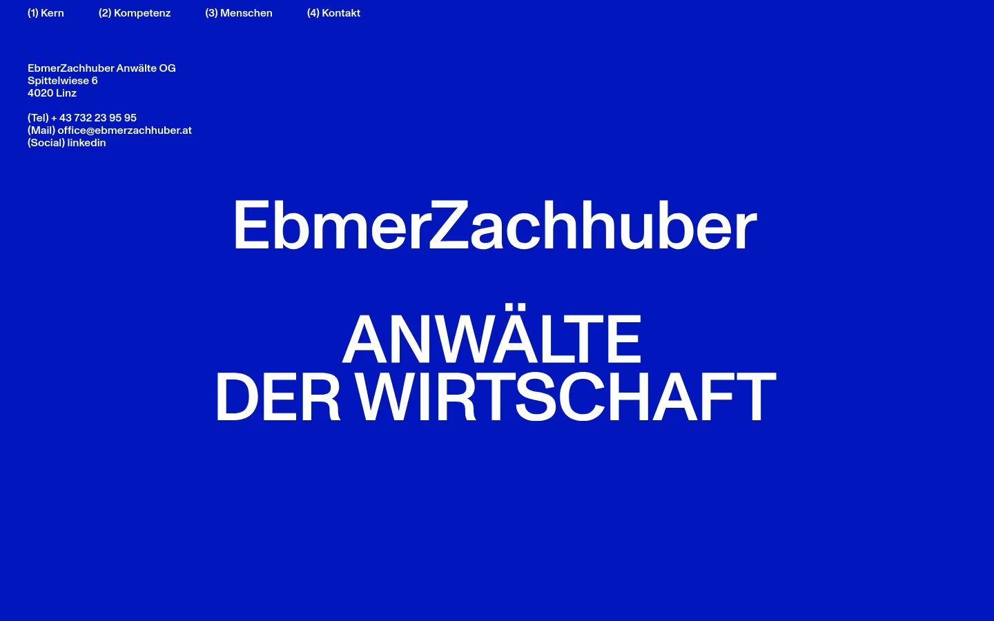 EbmerZachhuber contact page featuring a bold, minimalist design with a vibrant blue background. Large white sans-serif typography displays EbmerZachhuber ANWÄLTE DER WIRTSCHAFT, while the top navigation and bottom footer contain contact details including address, phone, and email.