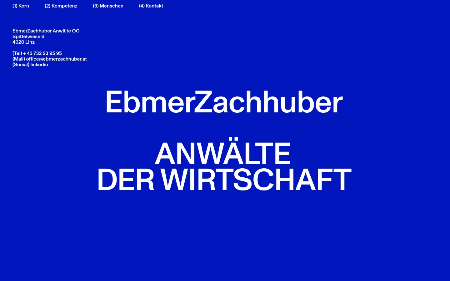 EbmerZachhuber contact page featuring a bold, minimalist design with a vibrant blue background. Large white sans-serif typography displays EbmerZachhuber ANWÄLTE DER WIRTSCHAFT, while the top navigation and bottom footer contain contact details including address, phone, and email.