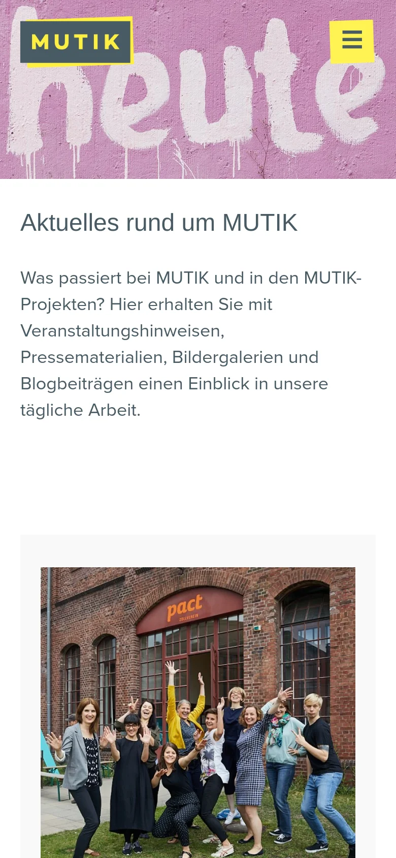The mobile version simplifies the layout, replacing the top navigation bar with a yellow hamburger menu icon. The hero image with pink graffiti remains at the top, followed by the main headline and text. The news feed follows a single-column vertical scroll, with images appearing above or alongside the article headlines and text.