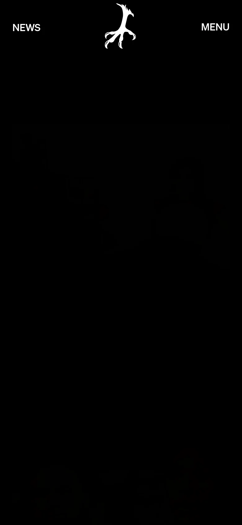 The mobile version maintains the black background and white text, but the layout is simplified. The header contains 'NEWS', the bird logo, and 'MENU' in a single row, while the large hero image and headline are absent from the initial view, focusing on a clean, vertical stack.