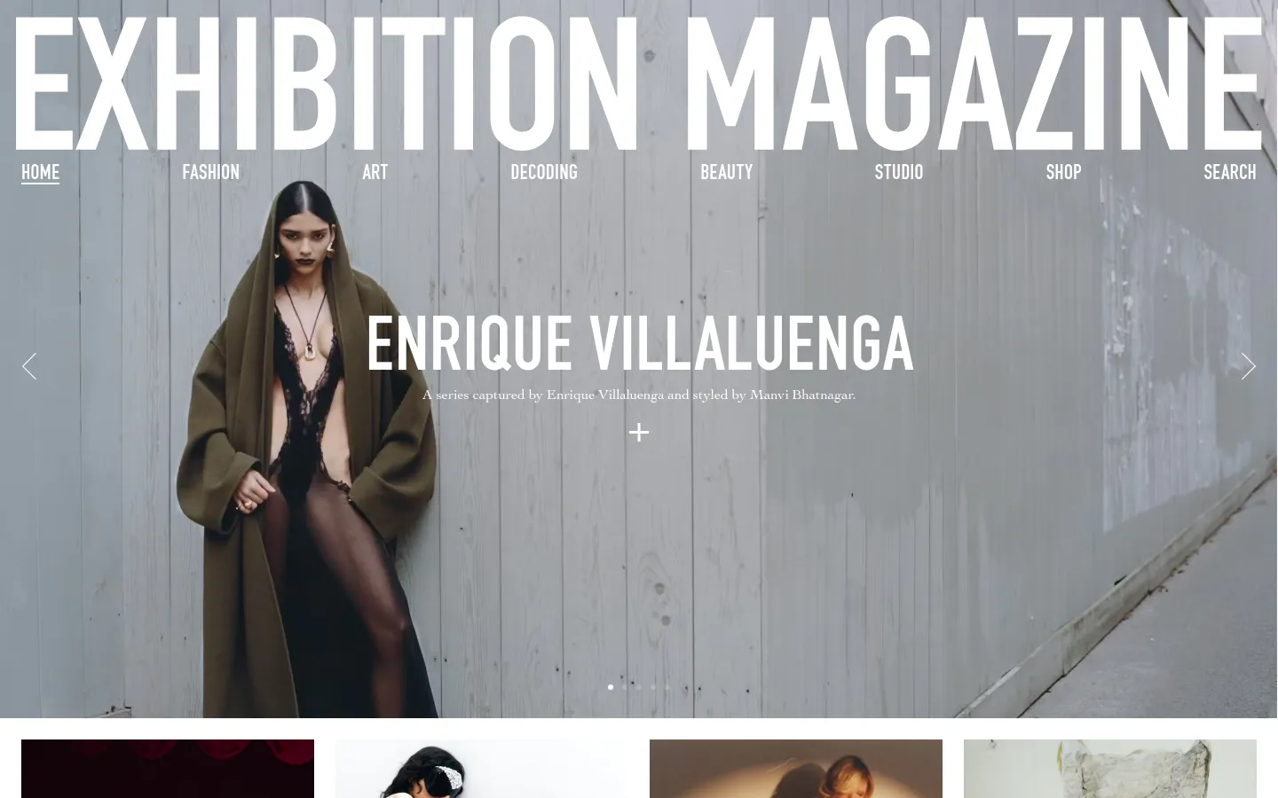 The desktop homepage features a large, full-width hero image slider with high-fashion photography and minimalist white text overlays. A navigation menu with links like Fashion, Art, and Beauty sits at the top, and the large 'EXHIBITION MAGAZINE' logo dominates the header. The layout uses a clean, editorial style with ample white space and subtle navigation arrows.