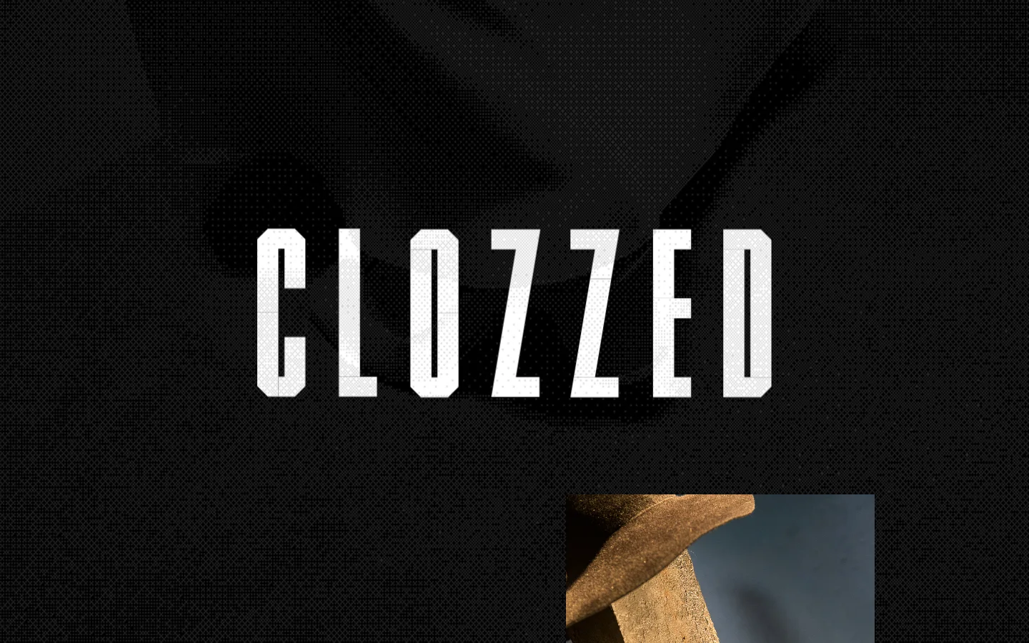 The Clozzed homepage features a dark, textured background with a large white stylized logo. Below the header, a vertical feed displays various fashion-themed images, each accompanied by a brand name and timestamp like 'LANVIN / 2:02 am'.