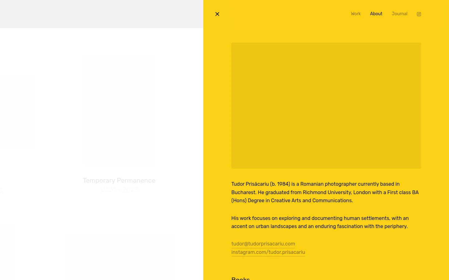 The desktop About page features a split-screen layout with a large photographic background on the left and a bright yellow sidebar on the right. The yellow section contains the navigation menu at the top, a biographical text about Tudor Prisăcariu, contact information, and headings for Books, Awards, and Exhibitions.