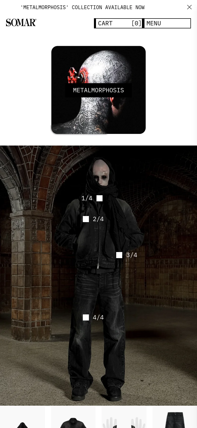 The mobile version simplifies the layout with a condensed header containing the brand name, 'CART [0]', and a 'MENU' button. The hero image remains prominent, featuring the 'METALMORPHOSIS' text over a dark, textured graphic. The product display transitions to a single-column vertical scroll, emphasizing large imagery for each item.
