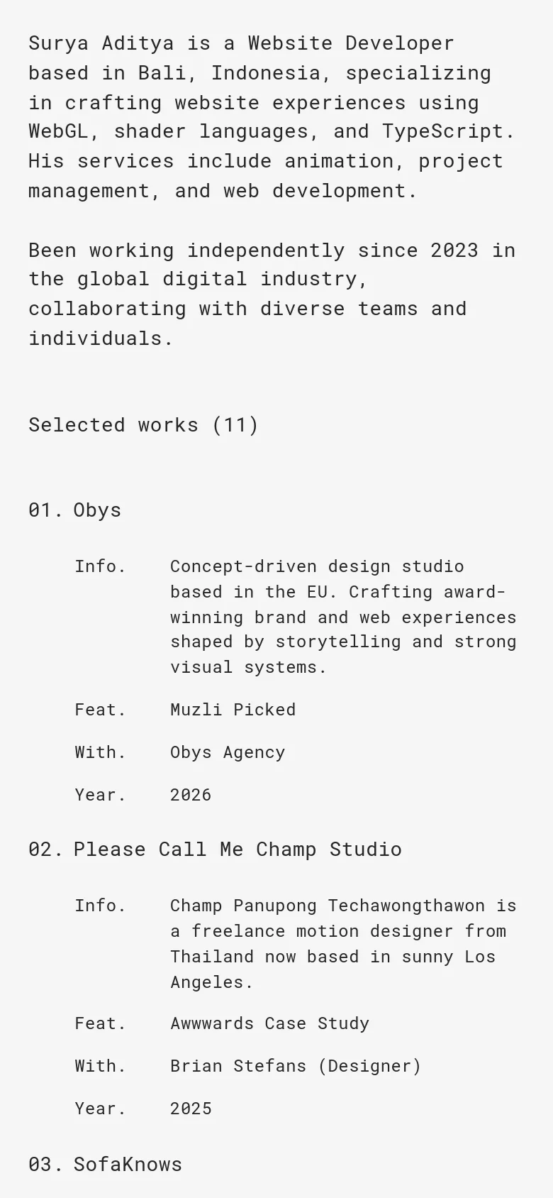 The mobile version maintains the minimalist aesthetic but shifts to a single-column vertical layout. The project thumbnails and text content are stacked vertically for easier scrolling, and the navigation/contact links are presented in a simplified list format.