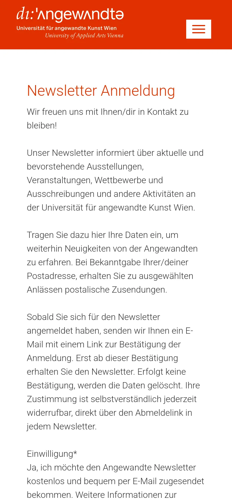 The mobile version simplifies the layout into a single vertical column on a white background. The red header is condensed, featuring the university logo and a hamburger menu icon for navigation. The 'Newsletter Anmeldung' headline and long-form text occupy the full width of the screen, with the sidebar elements moved into the main vertical flow.