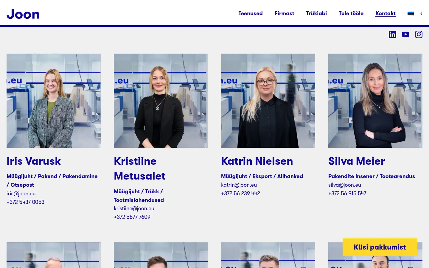 The contact page features a clean white background with a top navigation menu and social media icons for LinkedIn, YouTube, and Instagram. A grid layout displays professional headshots of team members, each accompanied by their name, job title, email address, and phone number in blue text.