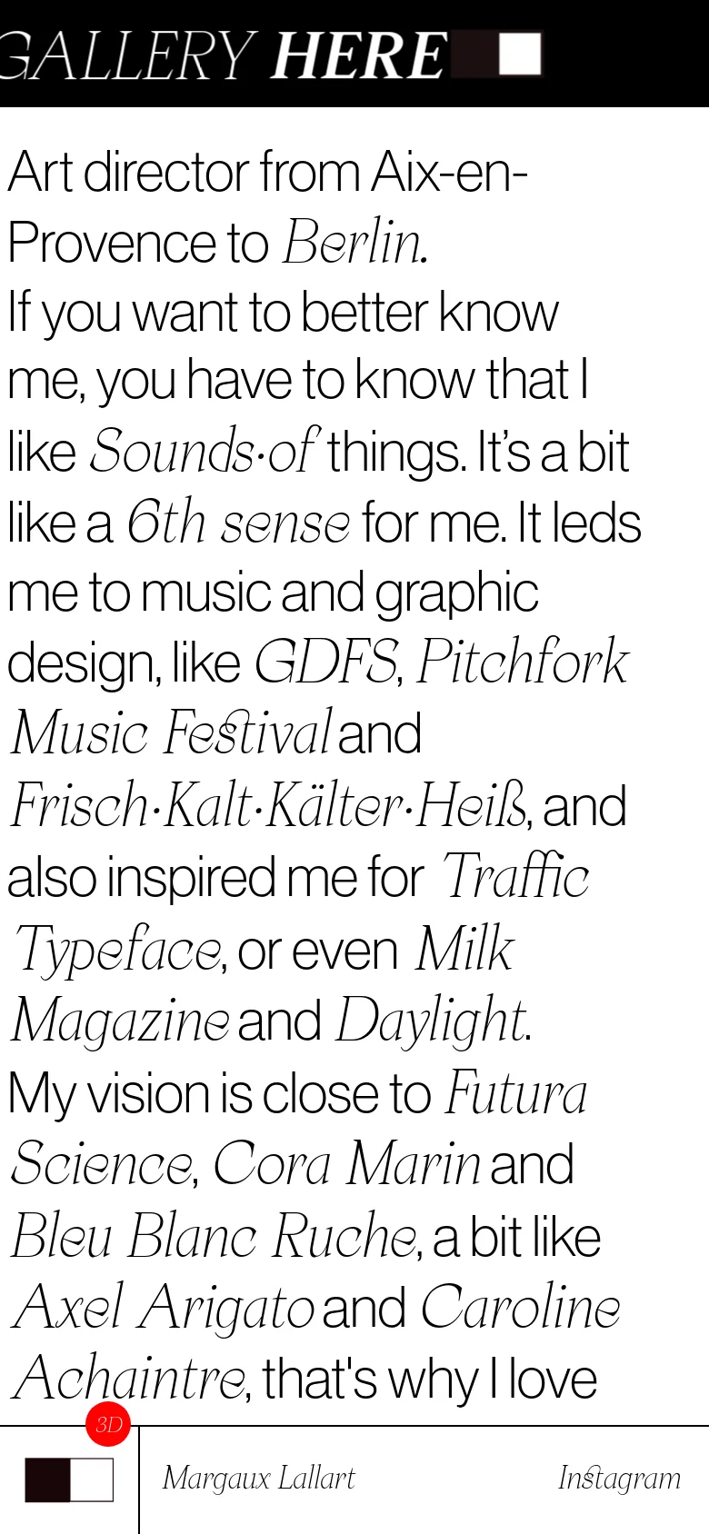 The mobile version maintains the minimalist white and black aesthetic but uses a single-column layout for the biographical text. The header and footer elements are scaled down to fit the narrow screen, focusing primarily on the large-scale typography of the personal statement.
