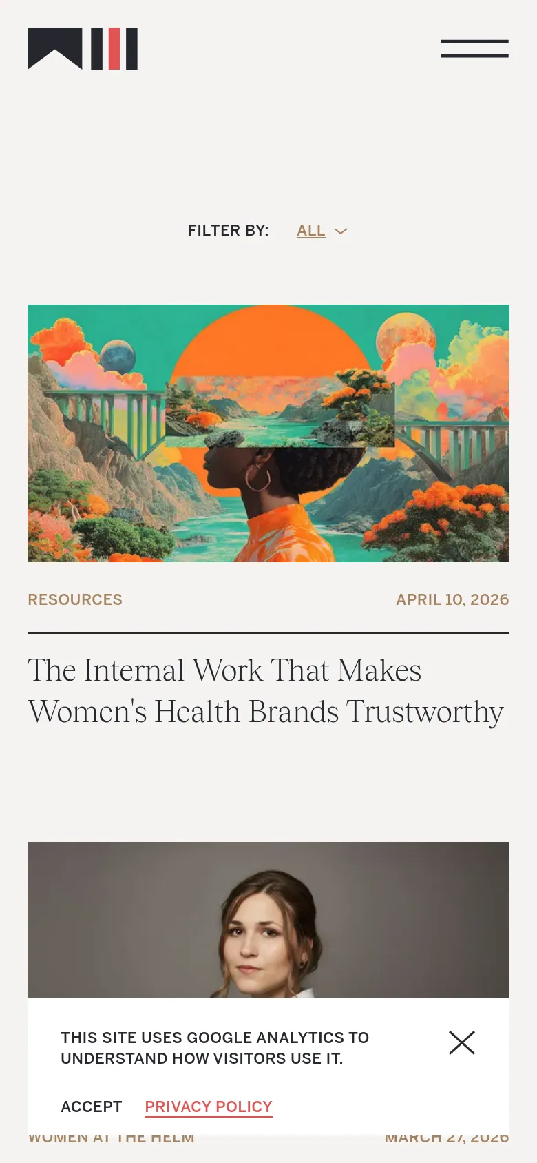 The mobile version simplifies the layout into a single-column vertical scroll, with the filter menu condensed into a dropdown selector. The large article images and bold headlines span the width of the screen, maintaining the clean, white aesthetic and high-contrast typography seen on desktop.