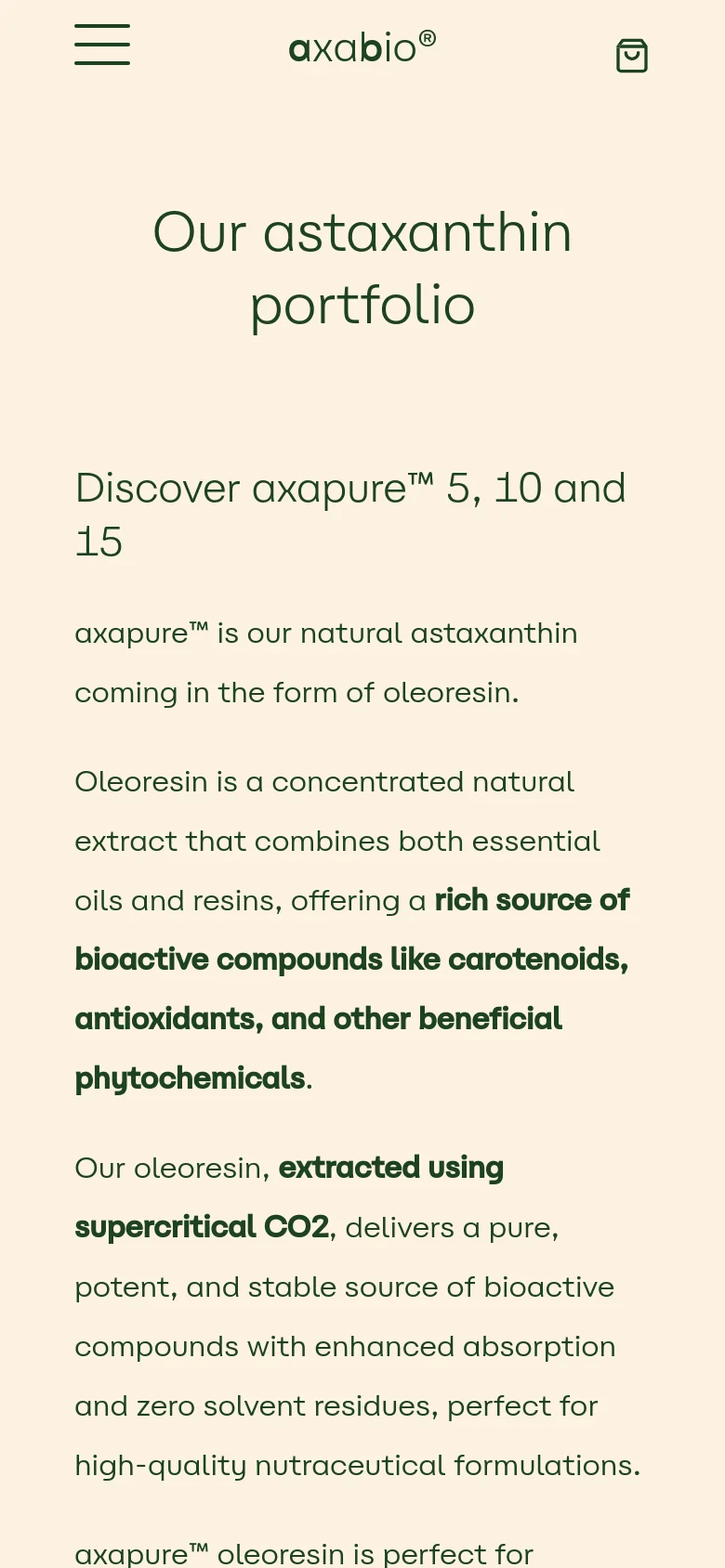 The mobile version uses a simplified layout with a hamburger menu and a shopping bag icon at the top. The content is stacked vertically, presenting the 'Our astaxanthin portfolio' headline followed by long-form text and product information optimized for a single-column scroll.