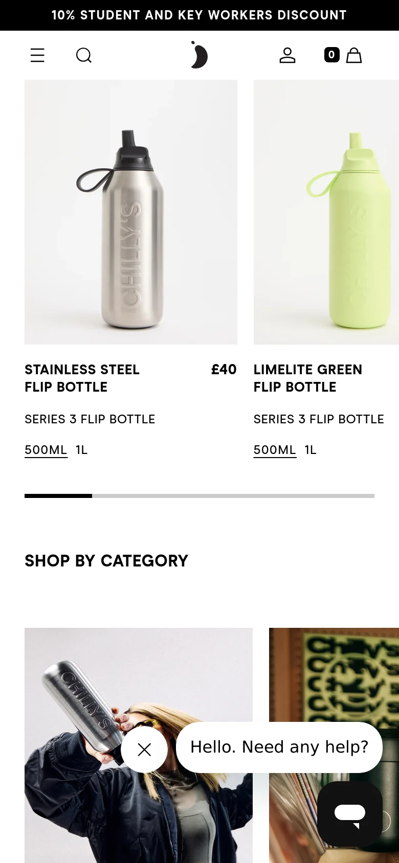 The mobile version uses a simplified layout with a hamburger menu and search icon at the top. The product grid is condensed into a single-column view, showing large images of the stainless steel and limelite green flip bottles with their respective names, prices, and size selectors.